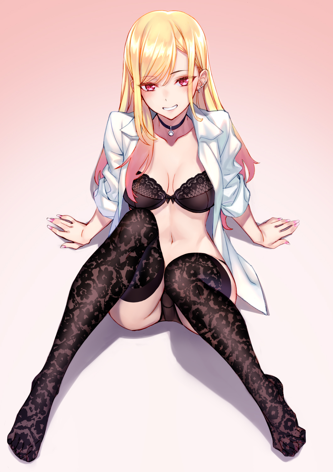 1girls, artist request, black bra, black nose, black panties, black stockings, blonde hair, blush, bra, breasts, choker, clothing aside, female, female only, gyaru, kitagawa marin, large breasts, long fingernails, long hair, looking at viewer, lying on floor, multicolored hair, necklace, pink eyes, pink nails, solo, sono bisque doll wa koi wo suru, uncensored, underwear