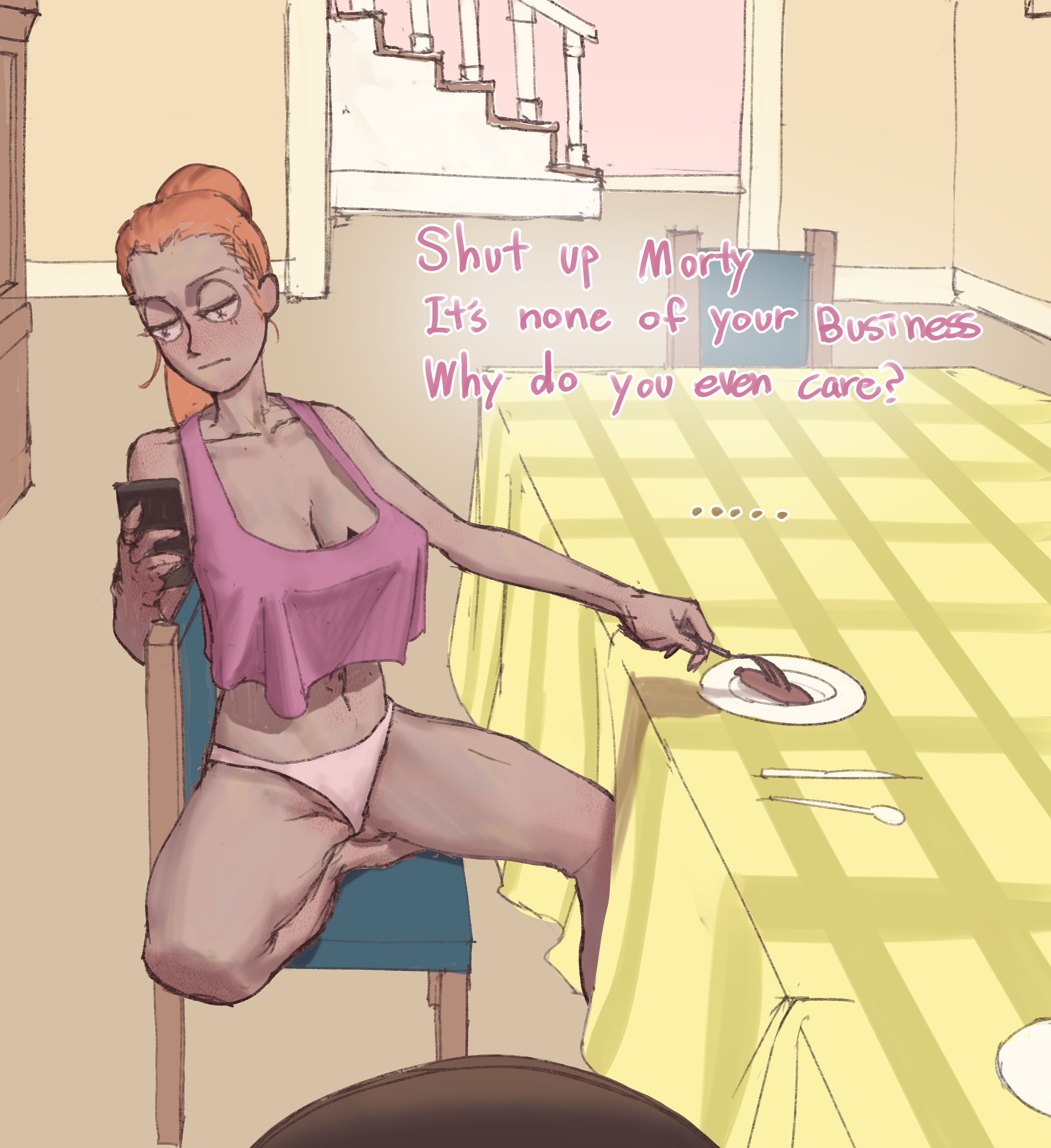 1boy, 1girls, absurdres, brother and sister, english text, female, highres, indoors, male, morty smith, orange hair, panties, phone, pink crop top, pov, queen of spades, rick and morty, summer smith, table, tattoo, wjs07