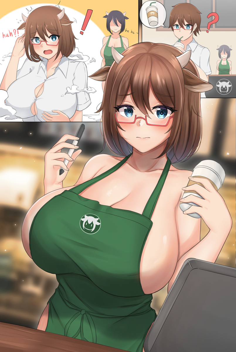 1boy 2girls absurdres apron bangs blush breast_expansion breasts coffee_cup cow_girl cup disposable_cup ear_growth gender_transformation genderswap_(mtf) hair_growth highres holding holding_cup horn_growth human_to_anthro iced_latte_with_breast_milk meme minori_(user_eket5233) mtf_transformation multiple_girls naked_apron original rule_63 short_hair sideboob starbucks transformation