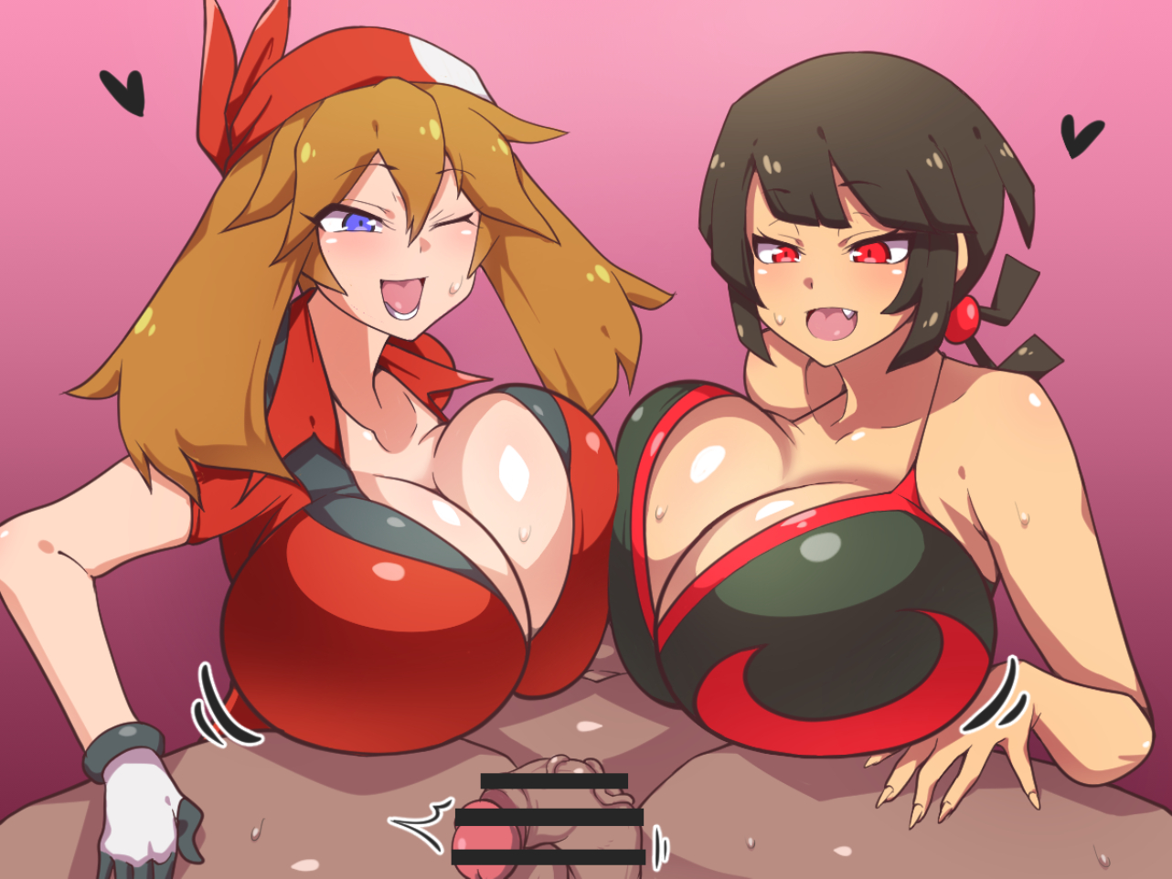 1boy, 2girls, alternate breast size, balls, bandana, big breasts, breast to breast, breasts, brown hair, censor bar, censored, dark-skinned male, dd (artist), female, gloves, huge breasts, large breasts, male, may (pokemon rs), may (pokemon), nintendo, penis, pokemon, pokemon oras, pokemon rse, purple eyes, red eyes, short hair, testicles, zinnia (pokemon)