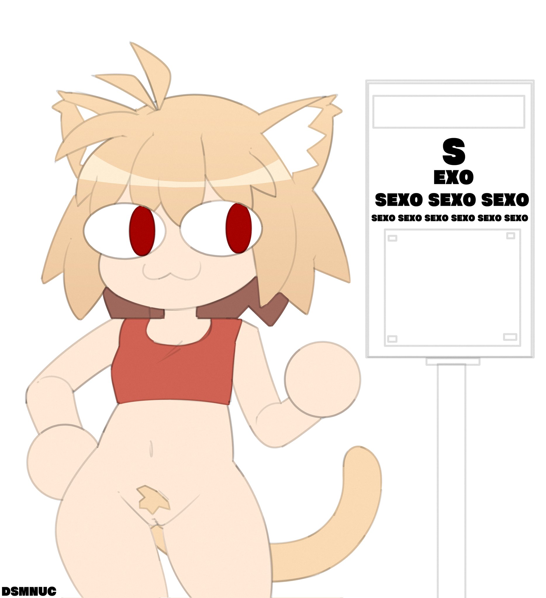 :3, 1girls, 2d, animal ears, blonde hair, bottomless, cat ears, cat girl, cat tail, catgirl, dsmnup, english text, female, female only, melty blood, neco-arc, pussy, red eyes, short hair, shortstack, smile, solo, standing, tail, text, tsukihime, type-moon, yellow hair
