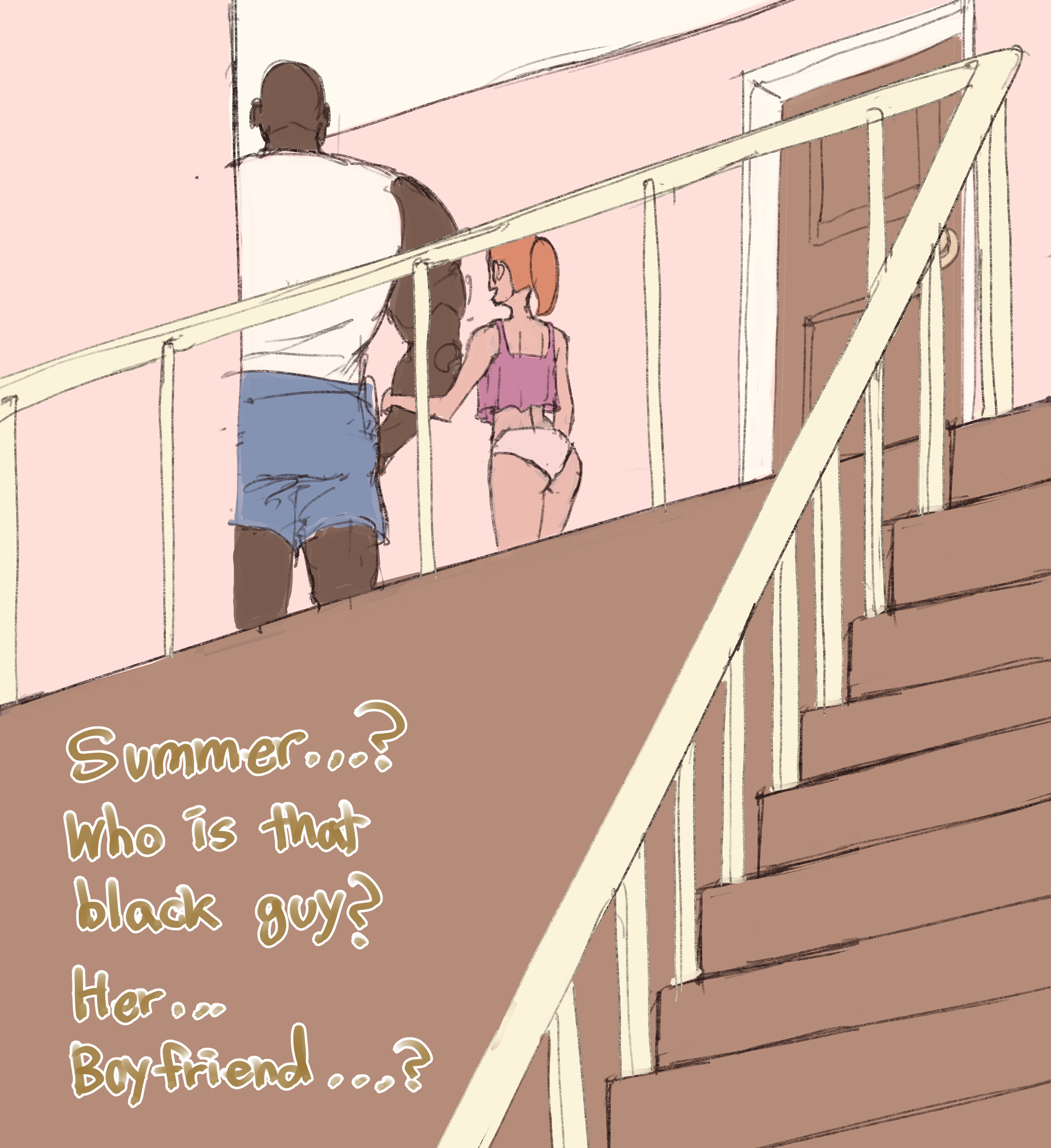 1boy, 1girls, dark skin, dark-skinned male, english text, faceless male, female, from behind, highres, indoors, interracial, male, panties, pink crop top, rick and morty, stairs, summer smith, wjs07