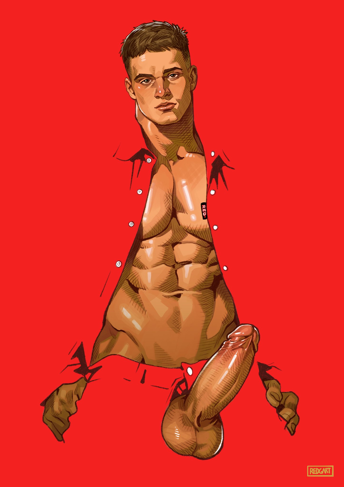 boner, erect penis, erection, gay pornstar, hard on, looking at viewer, male, male only, malik delgaty, muscles, muscular, muscular male, onlyfans model, open shirt, penis, penis out, porn star, real person, red, redgart
