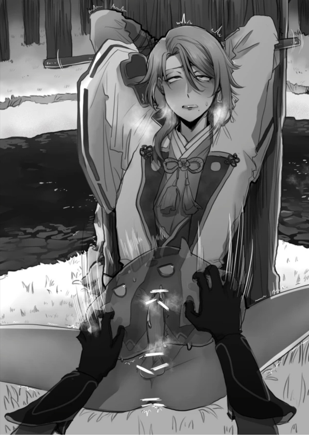 2boys, aether (genshin impact), ahe gao, blush, bondage, cum, eyes rolling back, forest, genshin impact, gloves, hands behind head, kamisato ayato, male, male only, partially clothed, public, yaoi