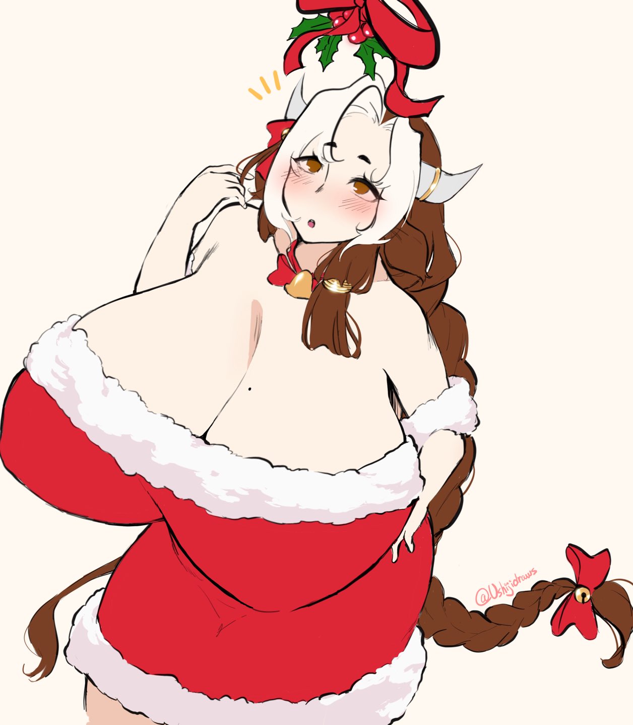 2021 animal_tail big_breasts blush braided_hair braided_ponytail breasts christmas cleavage cow_girl cow_horns cow_tail dress horns huge_breasts large_breasts leche_(ushiji) long_hair looking_up mistletoe signature simple_background tail two_tone_hair ushiji