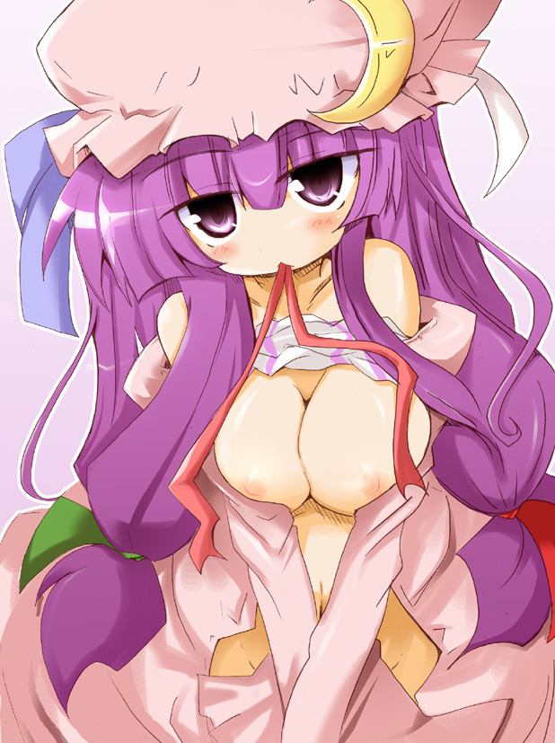 blush breasts clothes_pull clothing crescent female female female_only hat headwear large_breasts long_hair mouth_hold patchouli_knowledge purple_eyes purple_hair ribbon ribbon_in_mouth shirogane_(platinum) shirt shirt_lift shirt_pull solo touhou