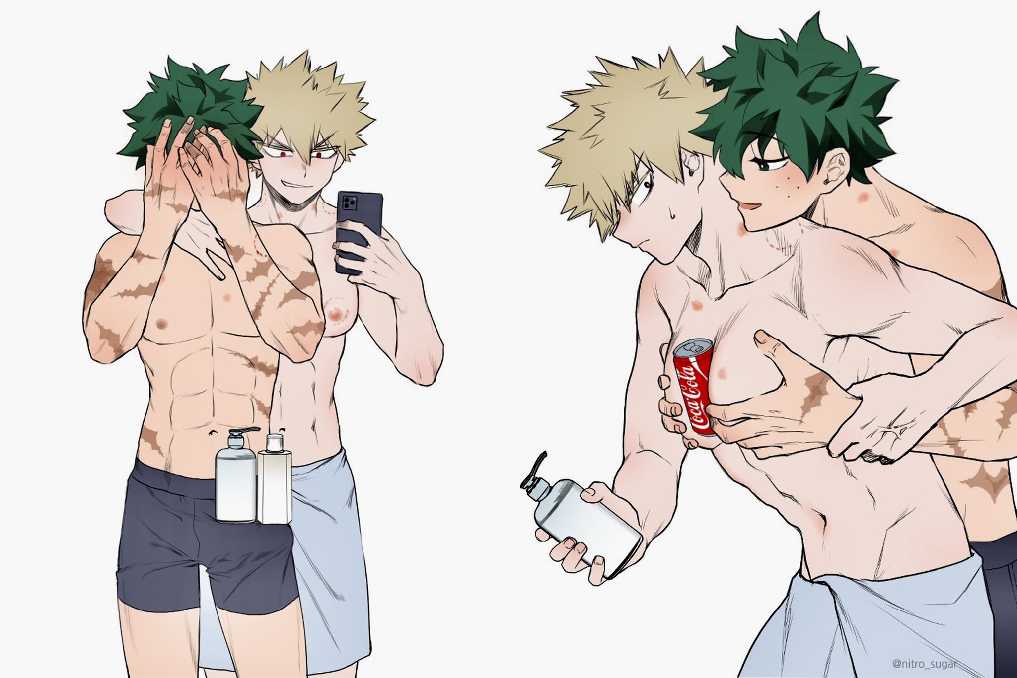 erection under clothes, gay, gay male, izuku midoriya, katsuki bakugou, male, my hero academia, scars all over, shampoo challenge, spiky hair, yaoi