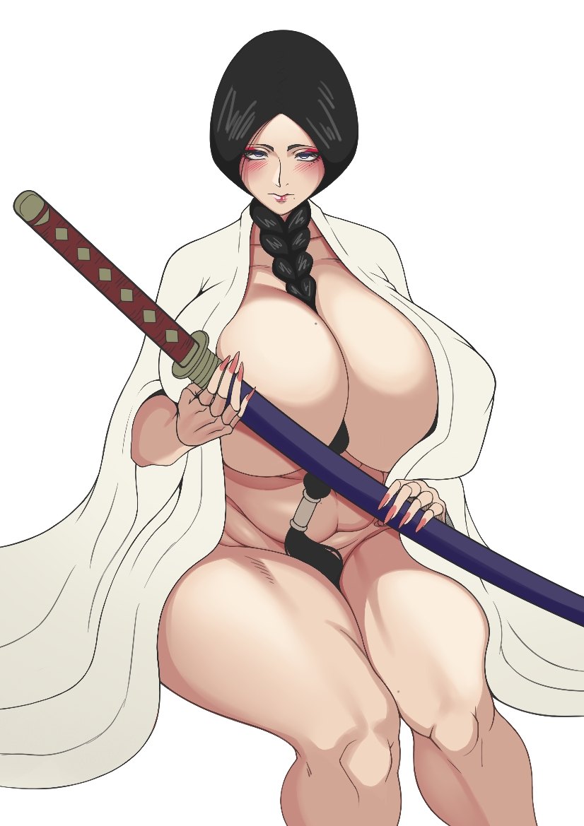 1girls, almost naked, barely clothed, between breasts, black hair, bleach, blush, braid, braided ponytail, breasts, busty, dzlily, eyeshadow, female, fingernails, hair between breasts, hair ornament, holding, holding object, holding sword, holding weapon, huge breasts, japanese clothes, katana, long fingernails, looking at viewer, makeup, mature, mature female, milf, mole, mole on breast, mole under mouth, mostly nude, nail polish, open clothes, pink nails, single braid, sitting, slightly chubby, solo, sword, thick thighs, thighs, unohana retsu, venus body, voluptuous, weapon