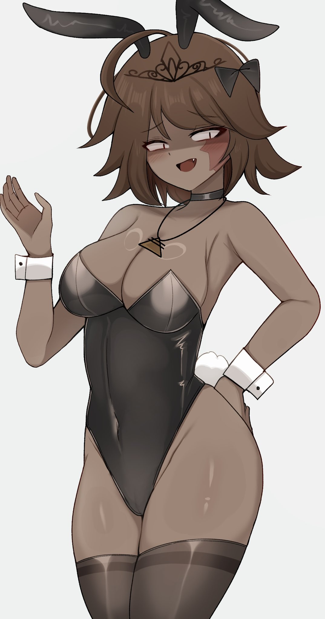 alice (fundamental paper education), beni imo, breasts, bunny ears, bunny tail, bunnysuit, crown, fundamental paper education, necklace, scars, thighhighs, thighs, wrist cuffs