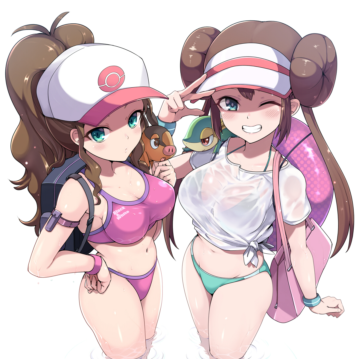 1:1, 2020, 2020s, 2girls, armband, backpack, bag, baseball cap, bent wrist, bikini, blue bikini, blue eyes, breast size difference, breasts, brown hair, cleavage, clothing, double bun, female, grin, hand on hip, hat, highres, hilda (pokemon), human, innertube, kasai shin, long hair, long ponytail, long twintails, looking at viewer, medium breasts, nintendo, one eye closed, pink bikini, pokemon, pokemon (species), pokemon bw, pokemon bw2, ponytail, rosa (pokemon), see-through, see-through clothing, shirt, simple background, smile, snivy, standing, swimsuit, teeth, tepig, tied hair, tied shirt, tomboy, twintails, visor cap, wavy hair, wet, wet clothes, wet shirt, white background, wink, wristband, wristwear