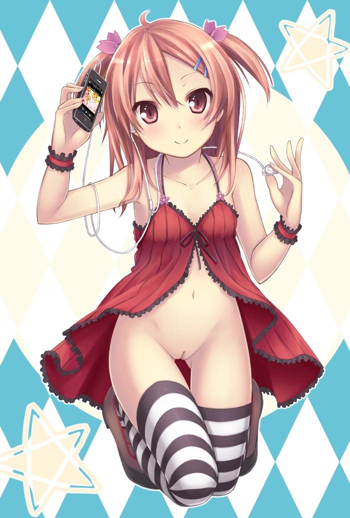 babydoll blush bottomless bow bow_panties brown_hair digital_media_player female groin hair_ornament hairclip headphones navel negligee original panties pussy raise_(ryo) red_eyes ryo_(botugo) short_hair solo striped striped_legwear thigh_gap thighhighs third-party_edit twintails underwear wrist_cuffs