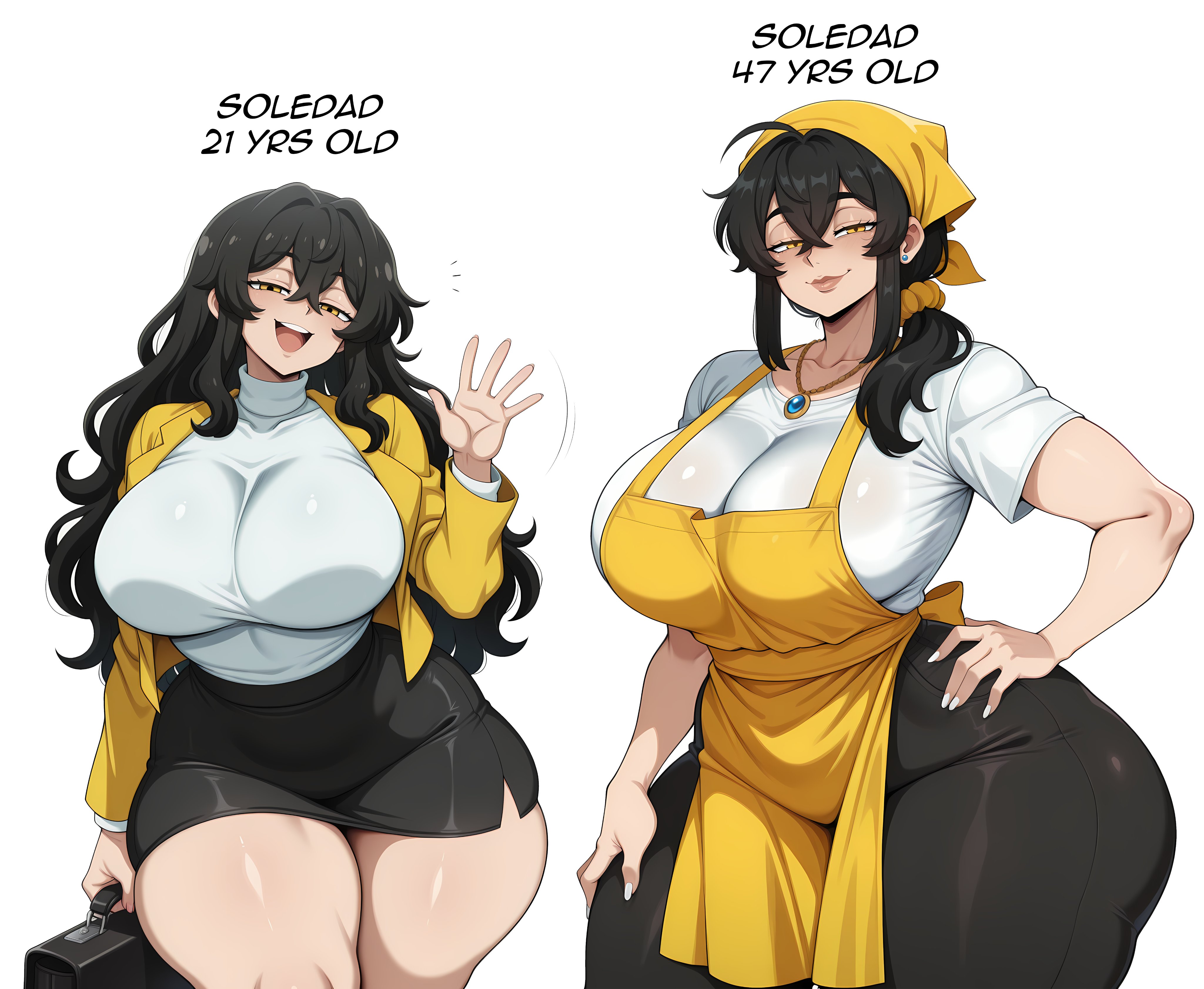 2025, 2girls, aged up, ai generated, apron, before and after, big ass, big breasts, black hair, bubble butt, child bearing hips, dat ass, dumptruck ass, earrings, el memc, fat ass, female, female only, hair ornament, hand on hip, horny, horny female, huge ass, huge breasts, hyper breasts, imminent sex, looking at viewer, looking pleasured, memch0, milf, mommy, mother, necklace, oc, original, original character, school uniform, schoolgirl, soledad (memch0), text, thick thighs, thunder thighs, turban, waving, waving at viewer, yellow eyes