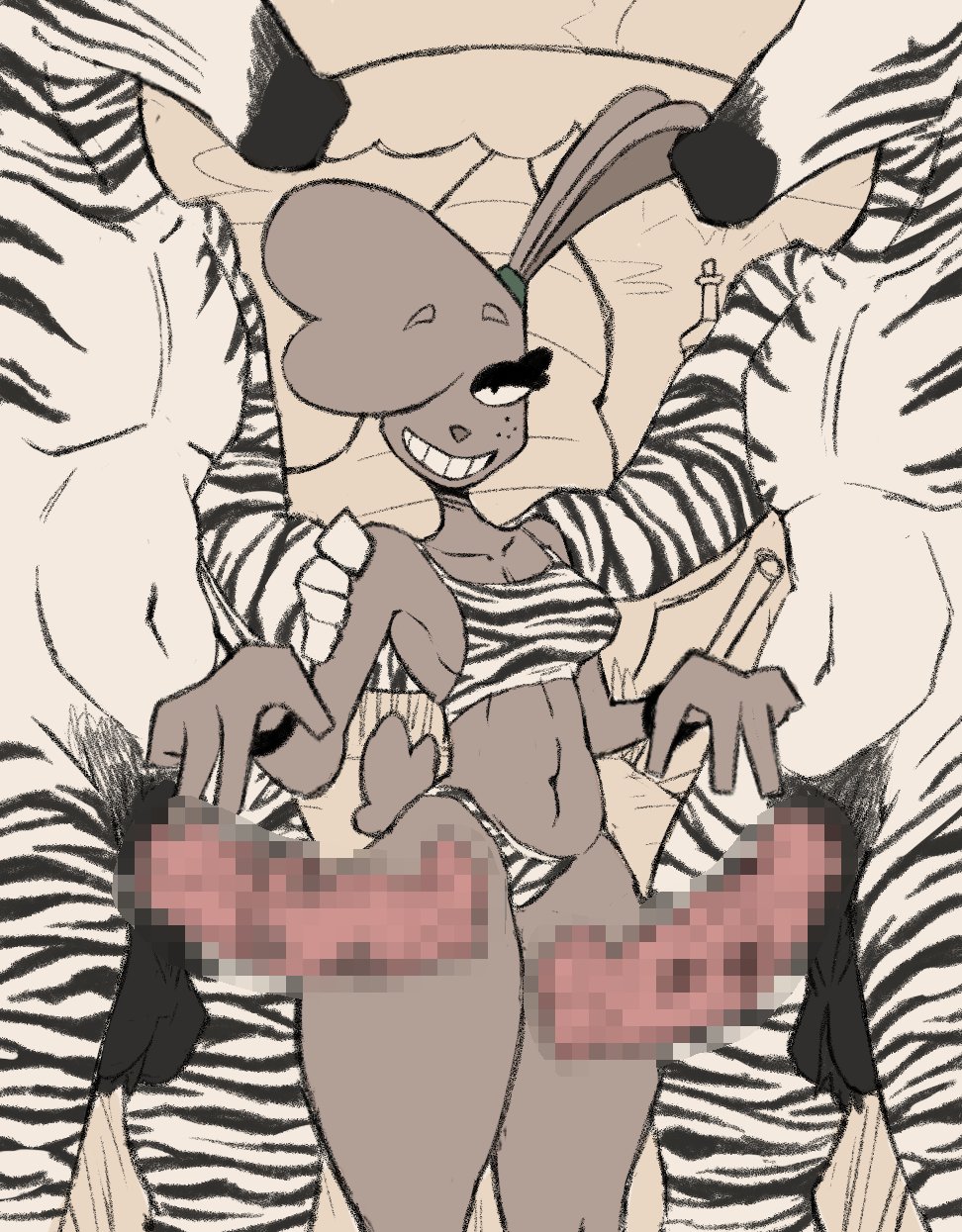 1girl2boys, 1girls, 2boys, 2boys1girl, algob4v, anthro, balls, ballsack, bav, big penis, bikini, bunny ears, bunny girl, bunny tail, censored, censored penis, eyeshadow, female, female anthro, grin, hands on shoulders, imminent sex, original, original character, penis, penis out, rabbit, rabbit ears, rabbit girl, rabbit tail, rosa (bav), smiling, smiling at viewer, striped bikini, striped panties, surrounded, surrounded by men, zebra, zebra bikini, zebra stripes