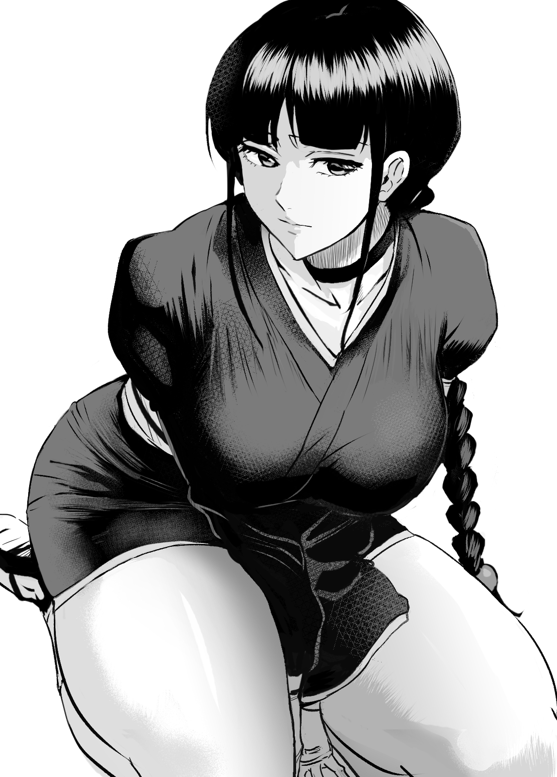 1girls, arms between legs, bangs, bleach, blunt bangs, braid, braided ponytail, breasts, busty, choker, daraz18aka, female, greyscale, highres, kimono, kurotsuchi nemu, large breasts, long hair, long sleeves, monochrome, seiza, sidelocks, simple background, single braid, sitting, socks, solo, thighs, voluptuous, white background