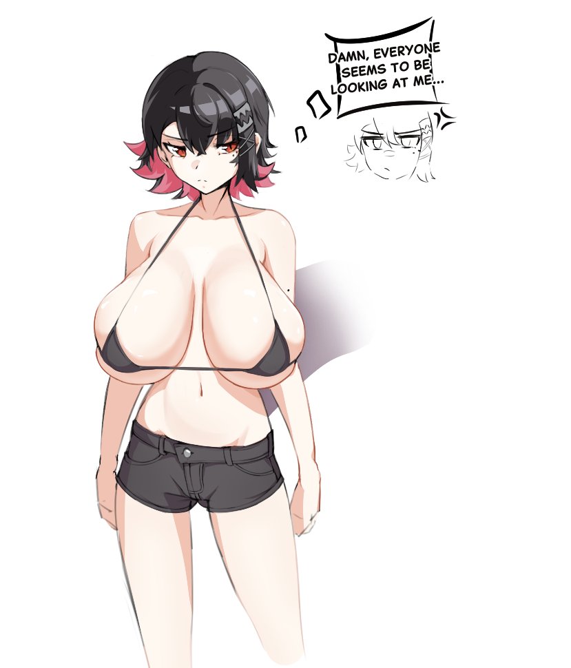 alternate breast size (larger), alternate costume, bikini, black bikini, black hair, black shorts, breasts, commentary, ellen joe, english commentary, english text, female, fins, fish tail, huge breasts, looking to the side, multicolored hair, piranha arts, red eyes, shark girl, shark tail, short hair, short shorts, shorts, simple background, speech bubble, swimsuit, tail, thought bubble, two-tone hair, white background, zenless zone zero