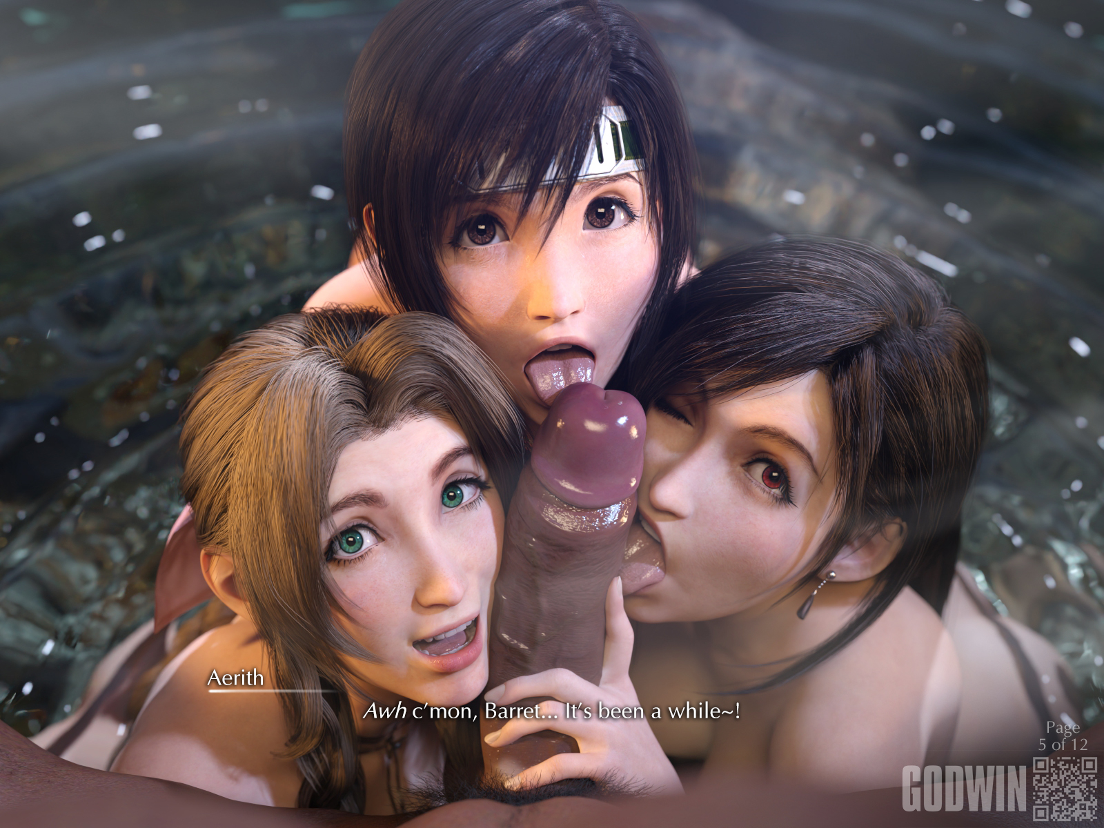 1boy, 3d, 3girls, aerith gainsborough, barret wallace, big cock, big dick, big penis, blowjob, blowjob only, blowjob pov, braid, braided hair, brown eyes, brown hair, butt crack, caption, cleavage, cock, comic, comic page, dark skin, dark-skinned male, dialogue, dick, earring, earrings, fellatio, fellatio pov, female, final fantasy, final fantasy vii, final fantasy vii rebirth, final fantasy vii remake, fit female, foursome, godwin, green eyes, heterosexual, holding, holding penis, hot spring, interracial, kunoichi, legs apart, licking, licking penis, light skin, light-skinned female, long hair, looking at viewer, looking up, mage, male, neroxliv, ninja, ninja girl, nude, nude female, nude male, onsen, oral, oral sex, outdoors, outside, outside sex, page 5, penis, point of view, pov, pov blowjob, pov eye contact, pov male, pubic hair, red eyes, short hair, size difference, smile, smiling, spread legs, square enix, squish, straight, subtitled, tagme, take your pick, talking, talking to viewer, tifa lockhart, tomboy, tongue, tongue out, twintails, veiny penis, water, wink, winking, winking at viewer, yuffie kisaragi