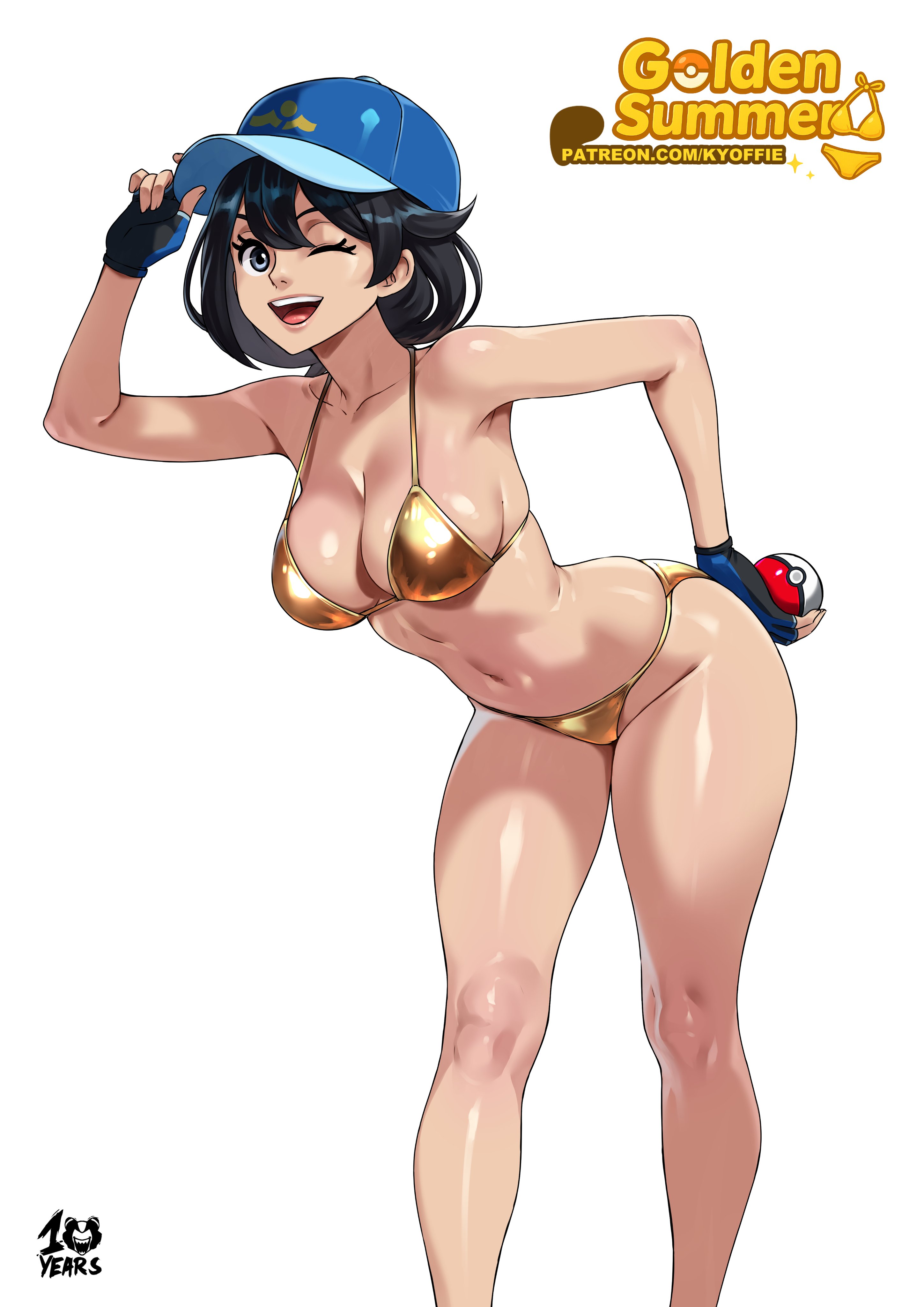 1girls, 2026, big breasts, black hair, black-haired female, female, female only, female protagonist (pokemon ww), game freak, gold bikini, golden bikini, grey eyes, kyoffie, nintendo, pale skin, pale-skinned female, pokemon, pokemon ww, swimsuit, swimwear, tagme, thick thighs, watermark, white background