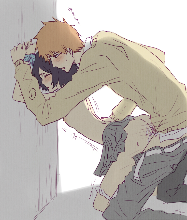 1boy, 1girls, against wall, almost naked, arched back, ass, barely clothed, bent over, black hair, bleach, blush, breasts, closed eyes, clothed sex, creampie, cum, cum inside, dubious consent, female, ichigo kurosaki, kuchiki rukia, larger male, long hair, male, moaning, mostly nude, motion lines, no bra, open mouth, orange hair, panties, panties down, pants, partially clothed, penis, perky breasts, rape, school uniform, short hair, sideboob, size difference, skirt, small breasts, smaller female, straight, sweater, taken from behind, tied hands, topless, topless female, waist grab