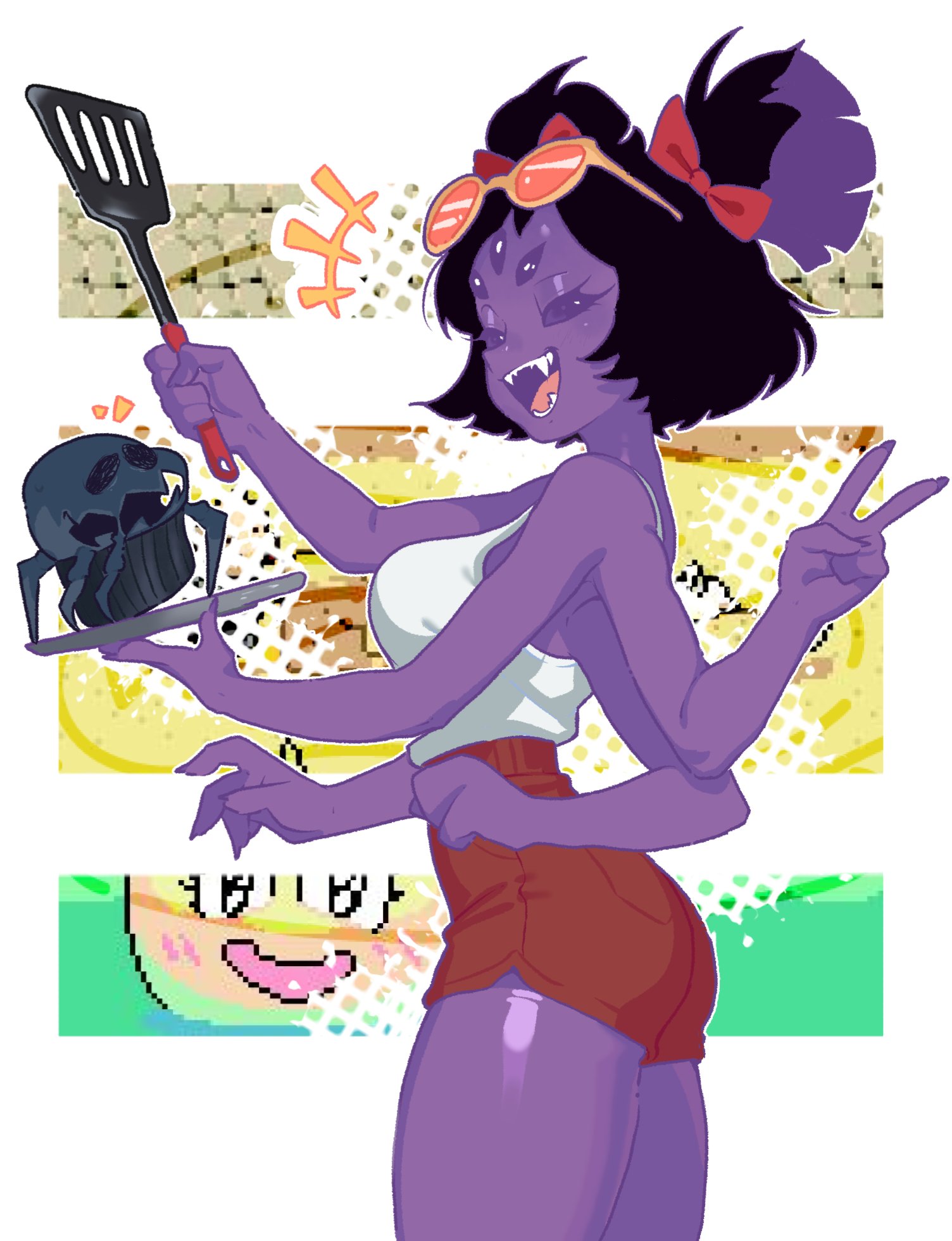 arthropod girl, black hair, bow, commentary, english commentary, extra arms, extra eyes, eyewear on head, fangs, hair bow, highres, insect girl, looking at viewer, medium hair, muffet, onionsan, open mouth, plate, red shorts, sharp teeth, shorts, spatula, spider girl, sunglasses, tank top, teeth, undertale, utdr (toby fox), v, white tank top
