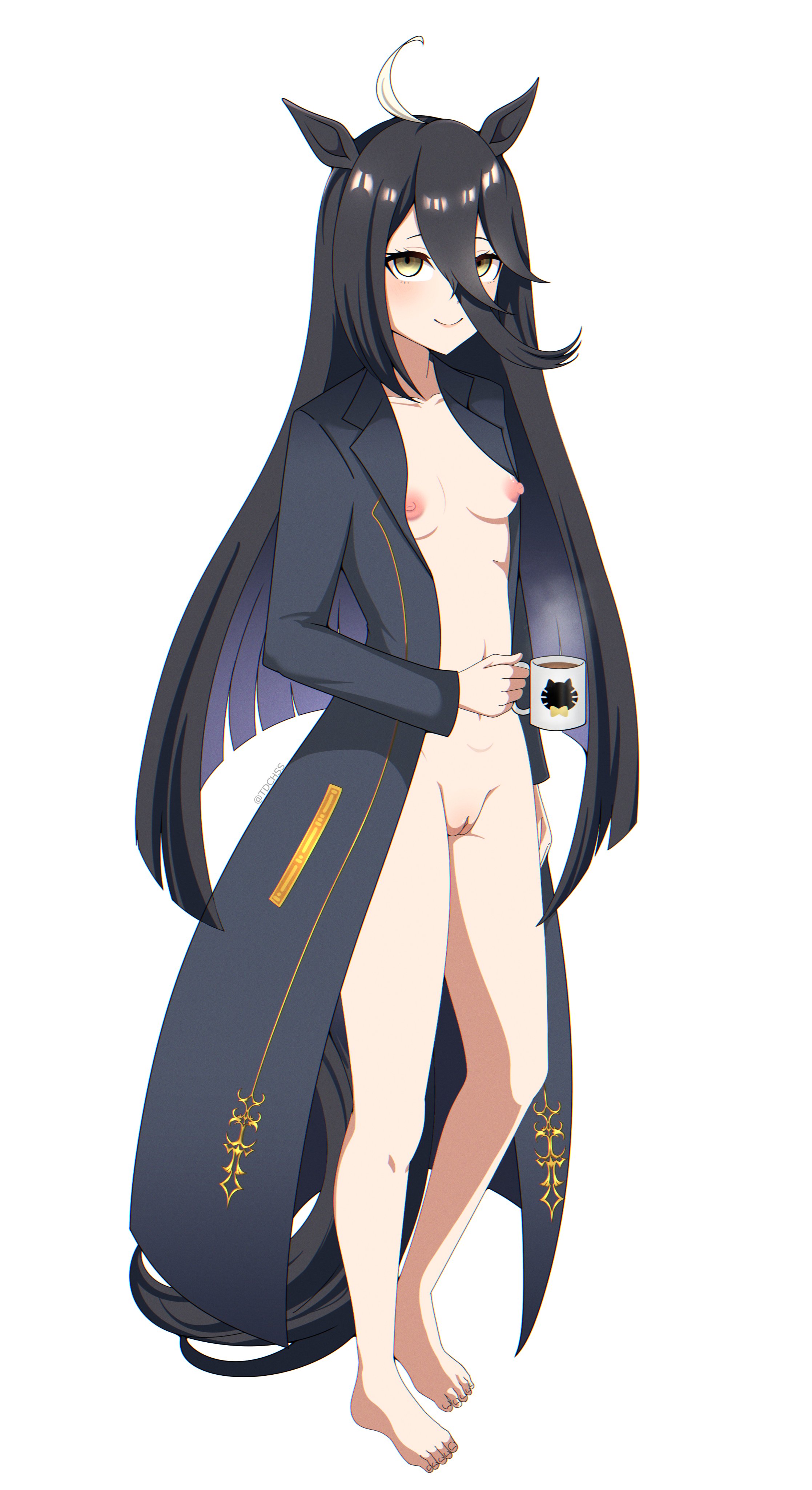 1girls, barefoot, black hair, breasts, cygames, feet, female, female only, horse girl, light skin, light-skinned female, manhattan cafe (umamusume), naked, nipples, nude, nude female, solo, tdchss, umamusume, umamusume pretty derby