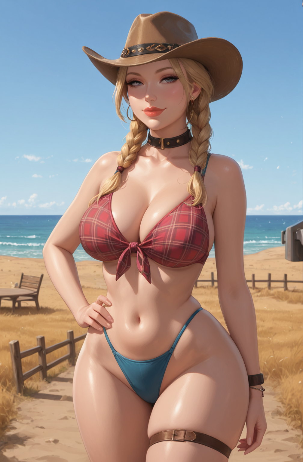 1girls, ai generated, belly button, belt choker, blonde hair, blue eyes, checkered clothes, cleavage, country girl, denim, denim panties, denim thong, eyelashes, farmgirl, female, female only, hair over breasts, hair over shoulder, hair strand, hair tie, hand on hip, lipstick, medium breasts, midriff, ocean background, one hand on hip, pelvic line, ranch, ranch girl, rgomez007, seaside, seductive look, self upload, skindentation, smiling at viewer, solo female, stable diffusion, standing, thick lips, thick thighs, thigh belt, thong panties, tied clothing, tied hair, twin braids, warm lighting, wide hips, wrist cuffs
