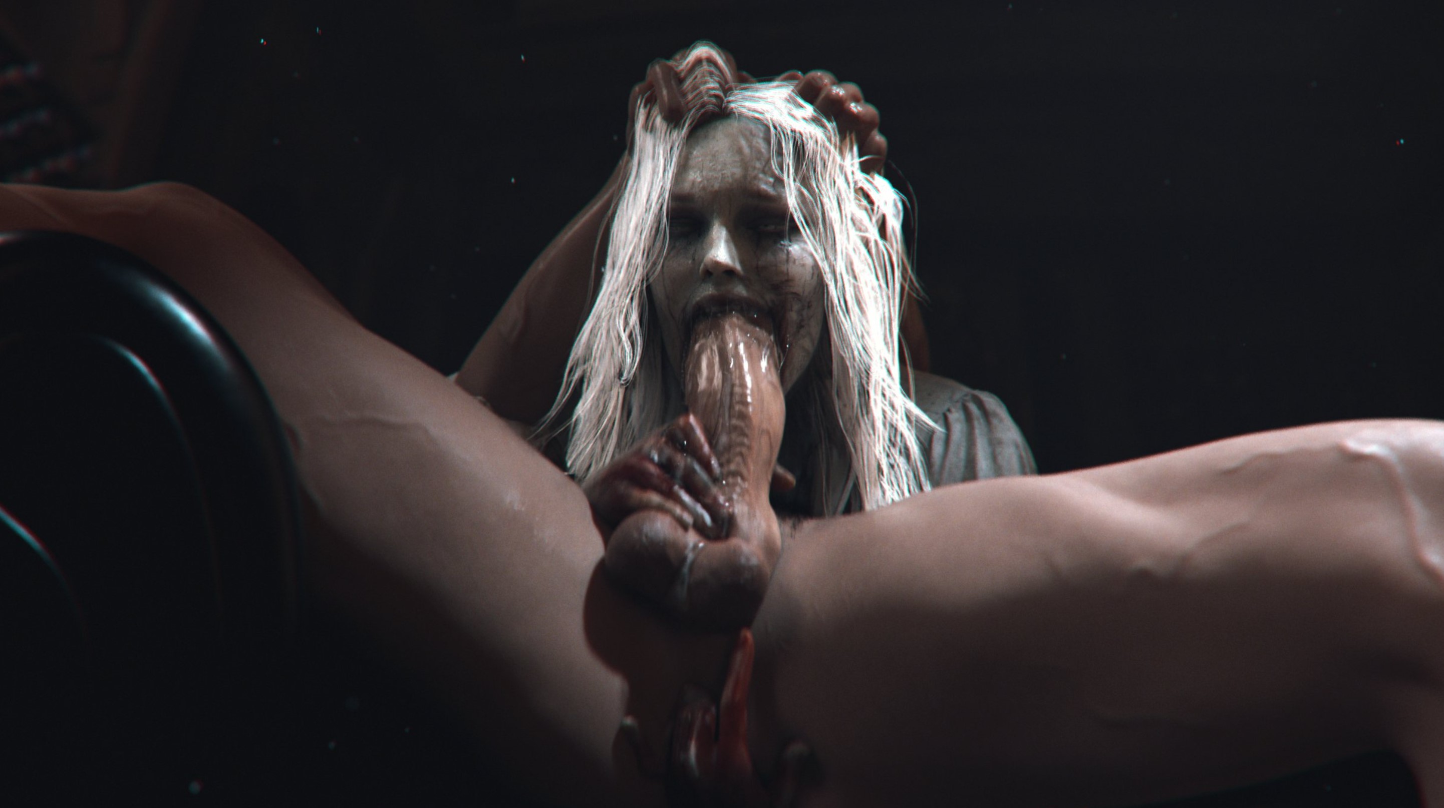 1boy, 1girl, 3d, 3d (artwork), 3d model, 3d render, black pupils, blood in mouth, blood on hand, blood stain, blowjob, clothed female, duo, fellatio, female, forced oral, grey body, grey skin, grey-skinned female, hand on head, head grab, imminent penis biting, leeterr, light hair, male, male human/female undead, naked male, pale skin, pale-skinned female, partial male, resident evil, resident evil 9: requiem, selena corey, sweating, undead, undead female, white dress, white hair, white iris, zombie, zombie girl