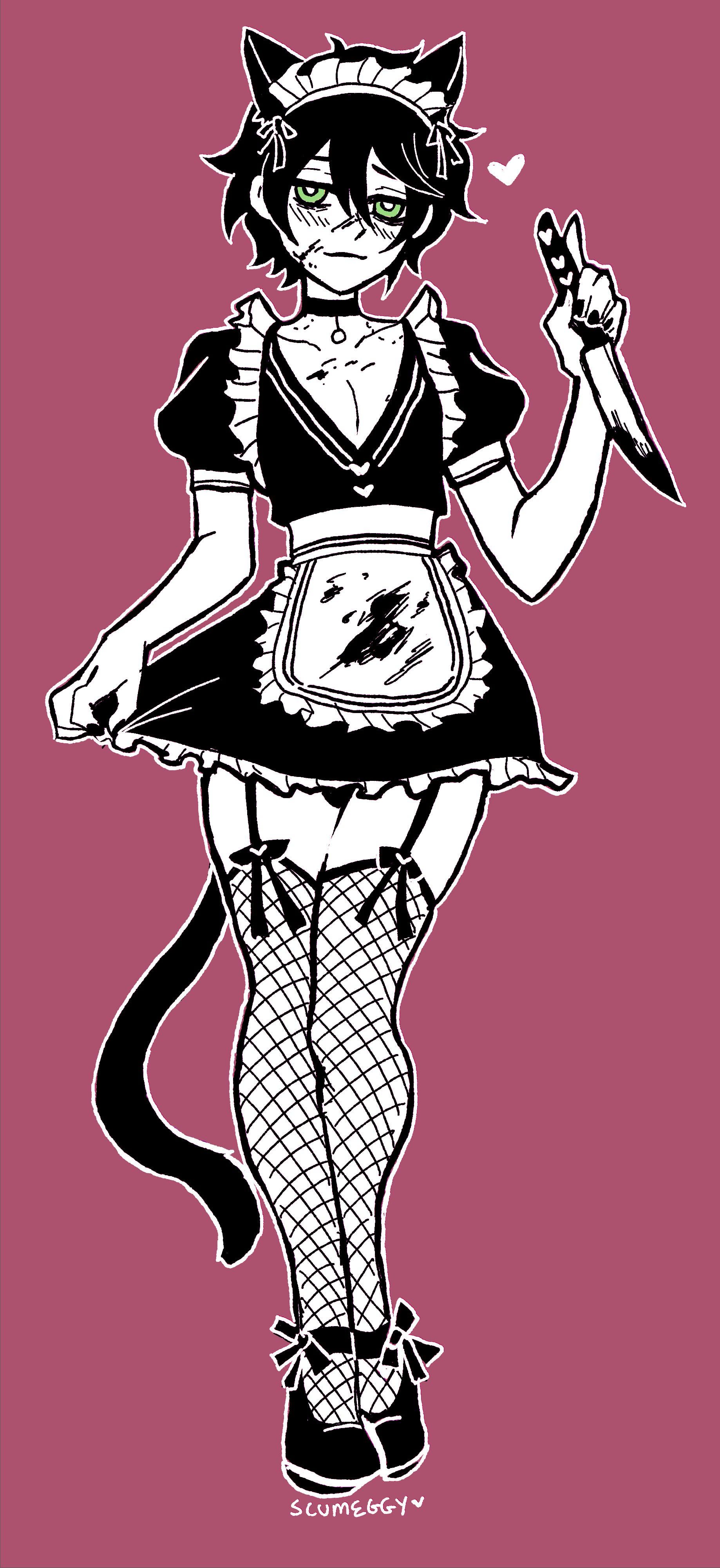 1boy, 1females, andrew graves, black choker, blood on face, blood on weapon, blood stain, blush, blushing, choker, cute, cute expression, cute face, cute male, femboy, fishnets, green eyes, heels, knife, maid, maid headdress, maid outfit, maid uniform, male, mesh, skirt, the coffin of andy and leyley, thighhighs, uniform, yandere, yandere eyes, yandere trance