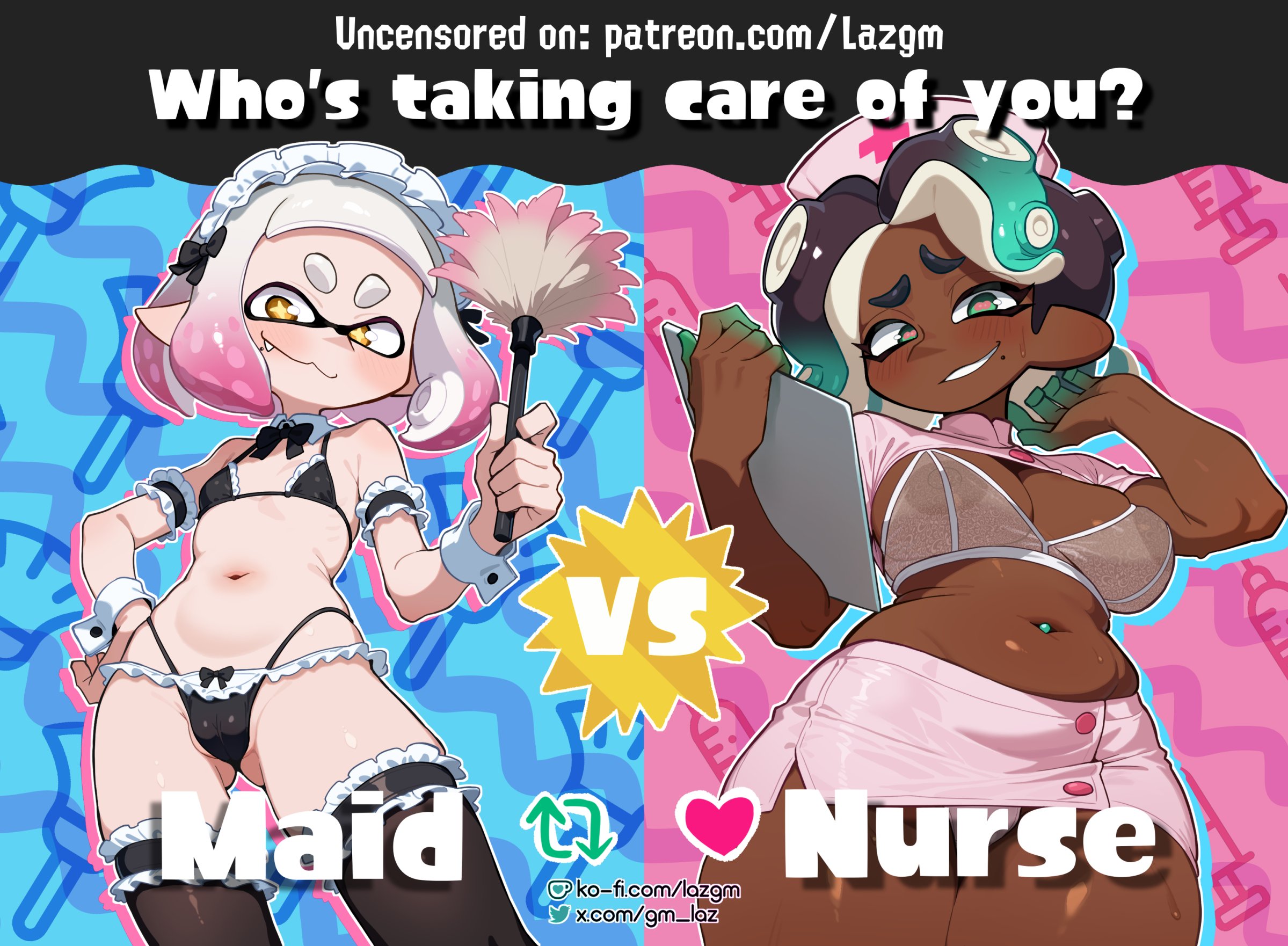 2026, 2girls, beauty mark, big breasts, blush, breasts, clipboard, dark skin, dark-skinned female, english text, female, female only, gm laz, green eyes, highres, inkling, large breasts, laz gm, light skin, light-skinned male, maid, maid headdress, maid uniform, marina (splatoon), mole, mole under mouth, navel, nipples, nipples visible through clothing, nurse, nurse cap, octoling, pearl (splatoon), pointy ears, skimpy, skimpy bikini, small breasts, splatoon, splatoon (series), splatoon 2, stockings, sweat, take your pick, tentacle, tentacle hair, text, thick thighs, thighhighs, yellow eyes