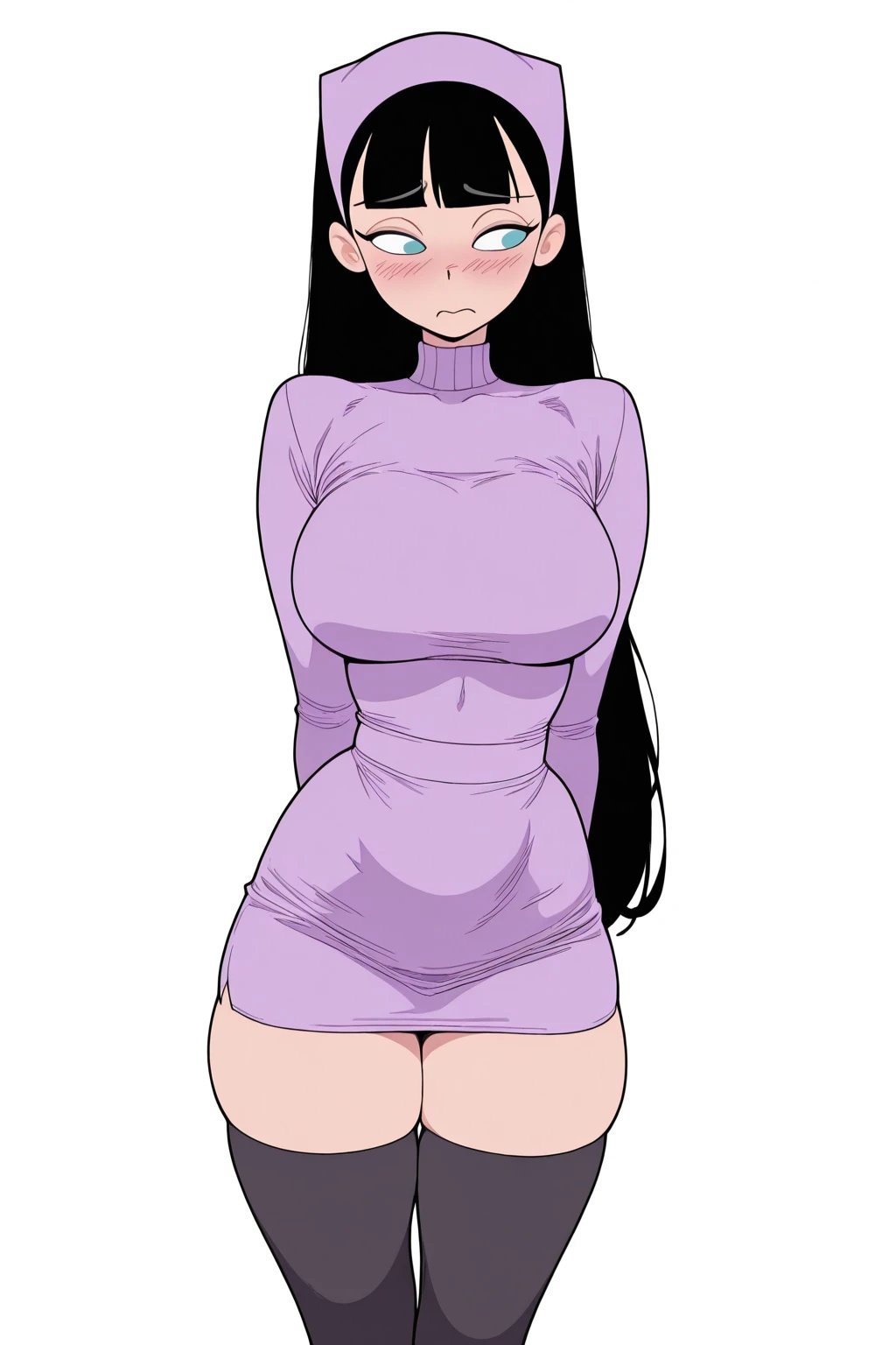 2d, ai generated, anime style, big ass, big breasts, black hair, black thighhighs, blue eyes, blush, cleavage, coif, curvy, ecchiimeow, embarrassed, female, female only, flushed, form fitting, form fitting clothing, frown, full body, huge breasts, long hair, looking at viewer, pout, purple dress, short dress, solo, standing, thick thighs, thighhighs, tight clothing, tight dress, trixie tang, turtleneck, wide hips