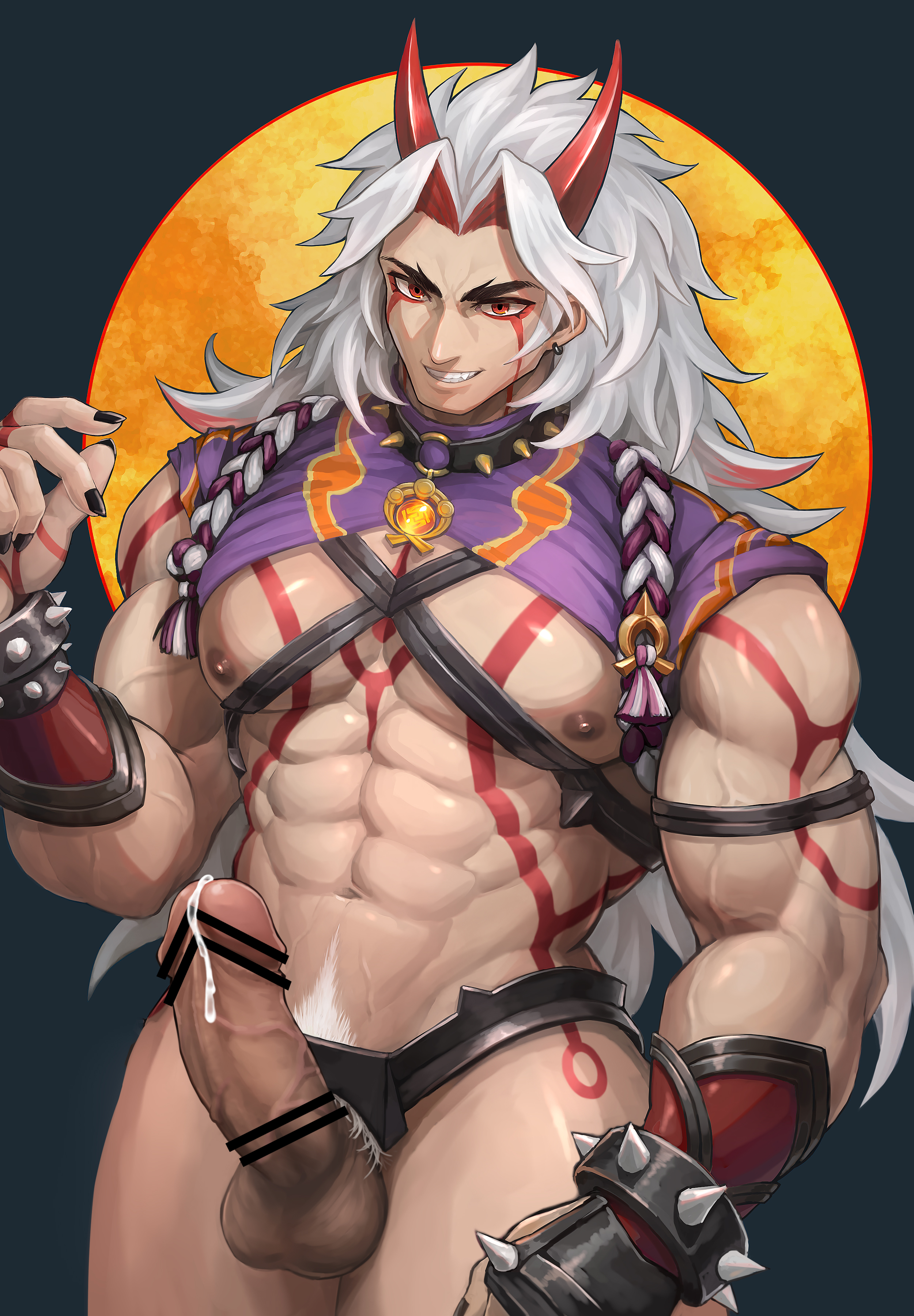 1boy, arataki itto, balls, bara, big balls, big penis, clothed, erect penis, erection, genshin impact, horns, japanese clothes, japanese clothing, japanese mythology, long hair, male, male only, muscular, mythology, oni, pecs, penis, solo male, traditional clothes, white hair, yaoi