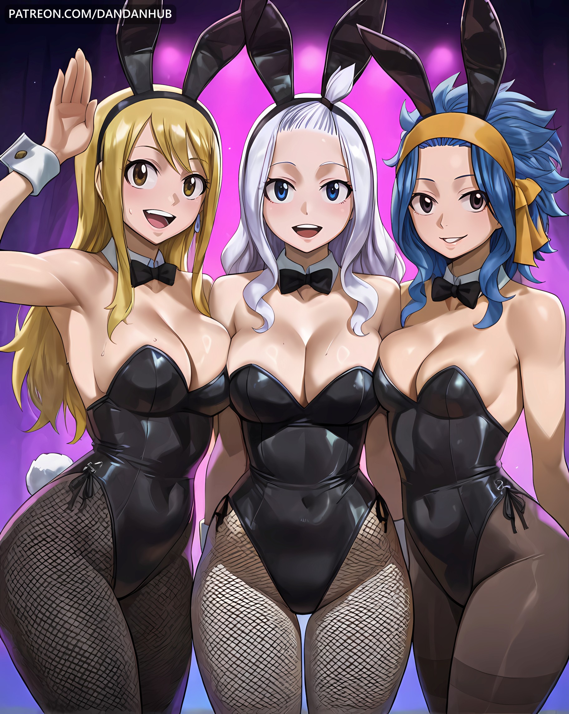 :d, 3girls, ai generated, animal ears, arm up, armpits, bangs, bare shoulders, black bow, black bowtie, black leotard, blonde hair, blonde-haired female, blue eyes, blue hair, blue-haired female, bow, bowtie, breast press, breasts, brown eyes, cleavage, covered navel, dandanhub, detached collar, fairy tail, fake animal ears, female, female only, fishnets, forehead, hairband, highleg, highleg leotard, large breasts, leotard, levy mcgarden, long hair, looking at viewer, lucy heartfilia, medium breasts, mirajane strauss, mole, mole on breast, multiple girls, open mouth, pantyhose, rabbit ears, rabbit tail, smile, strapless, strapless leotard, tail, teeth, thighband pantyhose, watermark, web address, white hair, white-haired female, wrist cuffs
