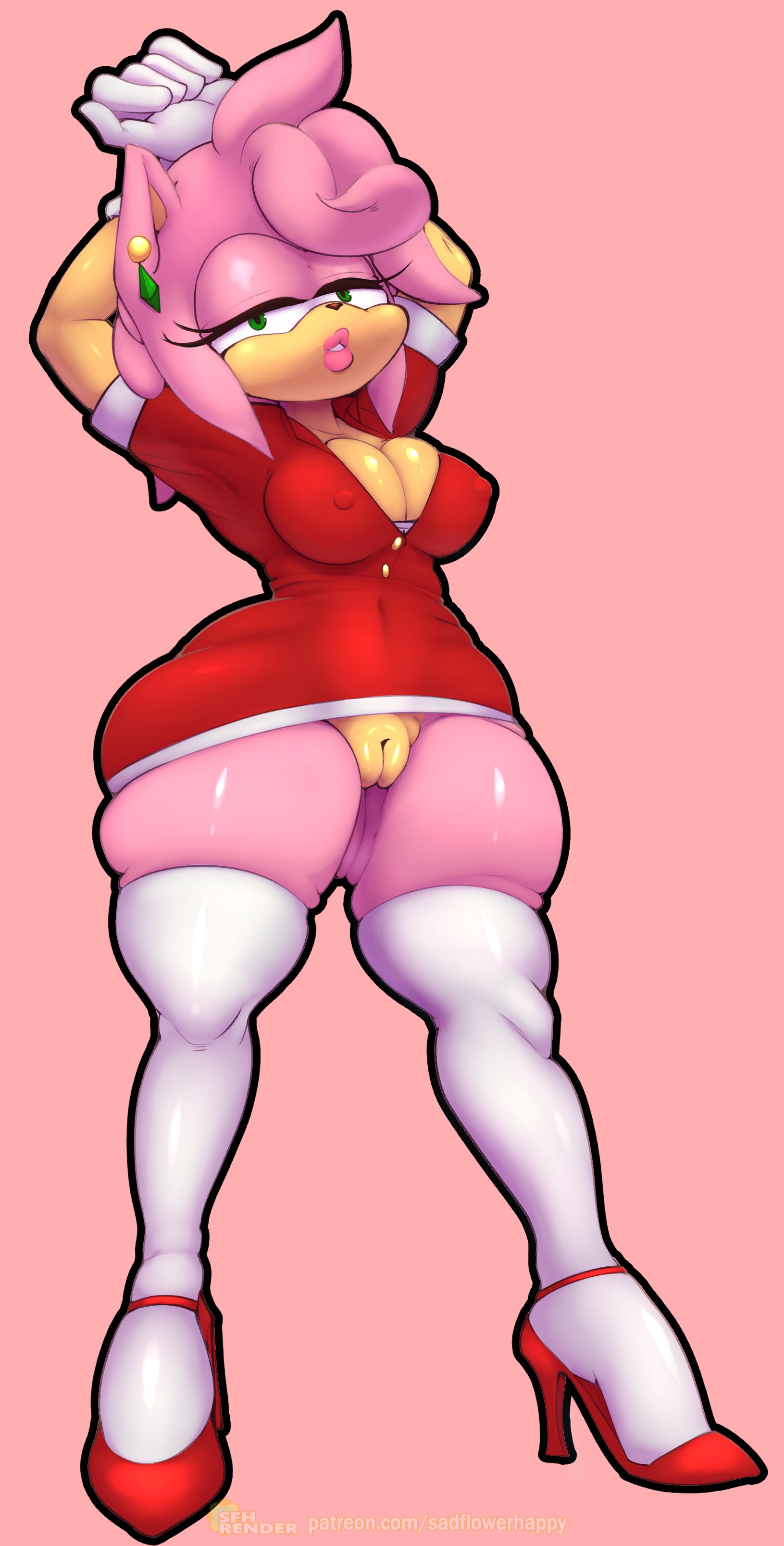alternate hairstyle, amy rose, breasts, dress, earrings, female, high heels, milf, pussy, sfhrender, snaart, sonic (series), sonic adventure, sonic adventure 2, sonic the hedgehog (series), stockings
