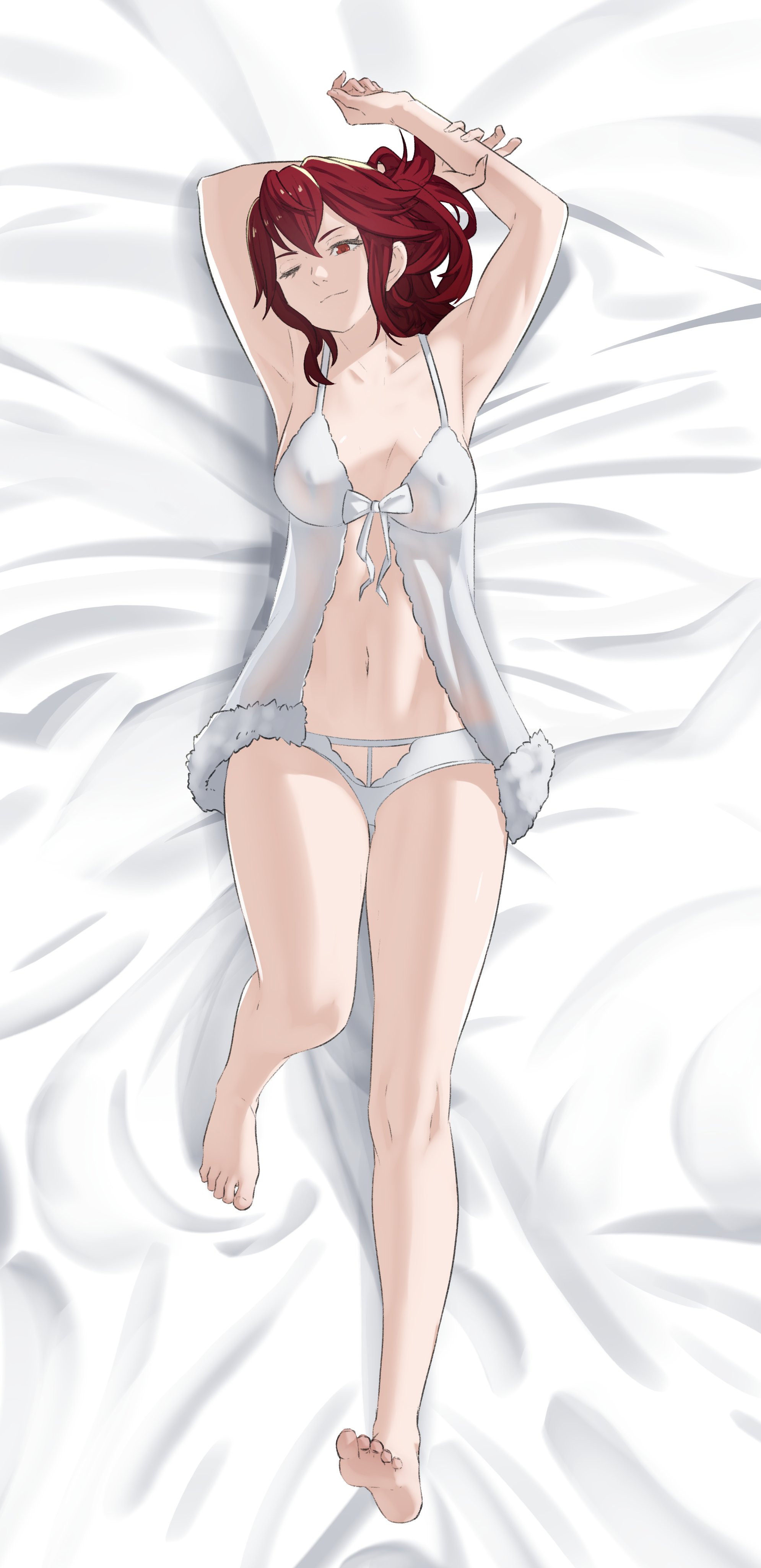 ;), 1girls, absurdres, anna (fire emblem), arm behind head, armpits, arms up, babydoll, bare arms, bare legs, bare shoulders, barefoot, breasts, cleavage, dakimakura, dakimakura (medium), double-parted bangs, female, female only, fire emblem, full body, fur-trimmed babydoll, hair between eyes, hand on own arm, highres, large breasts, looking at viewer, lying, medium hair, navel, nintendo, on back, one eye closed, panties, pomelomelon, ponytail, red eyes, red hair, smile, solo, stomach, underwear, white babydoll, white panties