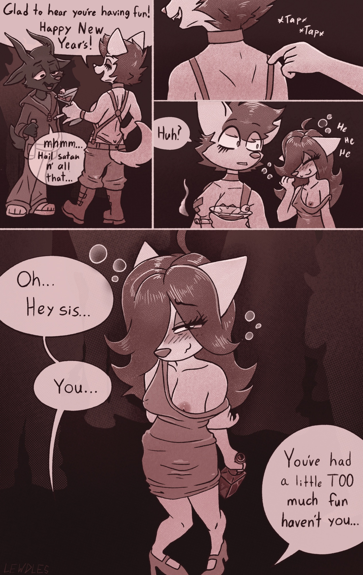 2girls, alcohol, anthro, areola, breasts, canid, comic, drunk, english, english text, exhibitionism, exposed breasts, fox, furry, incest, intoxicated, lewdles, mammal, new year, nipple slip, nipples, partially clothed, party, public, rubee (lewdles), sapphira (lewdles), siblings, sisters, speech bubble, tagme, taped nipples, x pasties, yuri