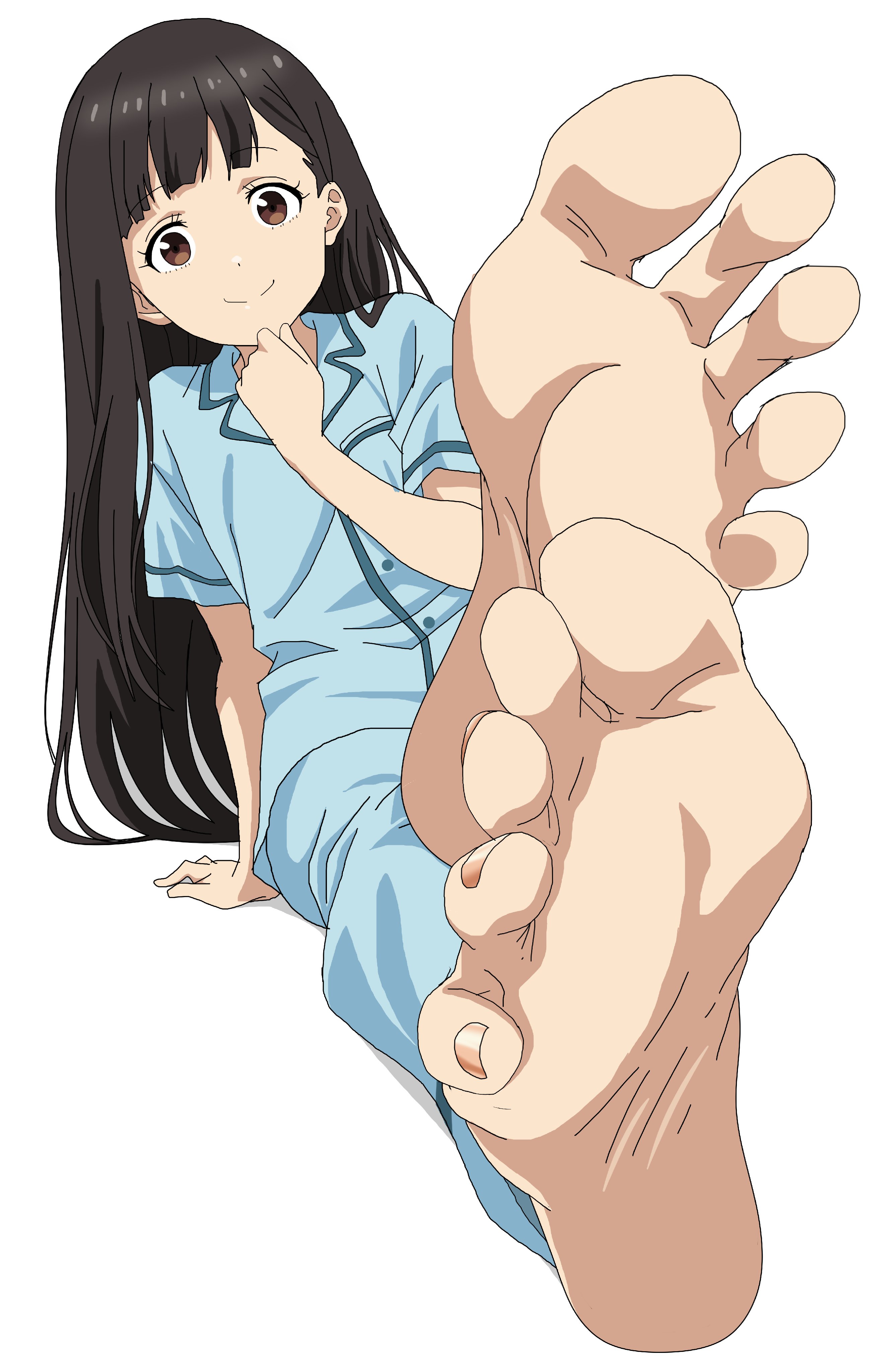 1girls, black eyes, black hair, close up feet, clothed female, feet, feet focus, foot fetish, long hair, make heroine ga oo sugiru!, nukumizu kaju, pyjamas, tagme, wrinkled feet, wrinkled soles