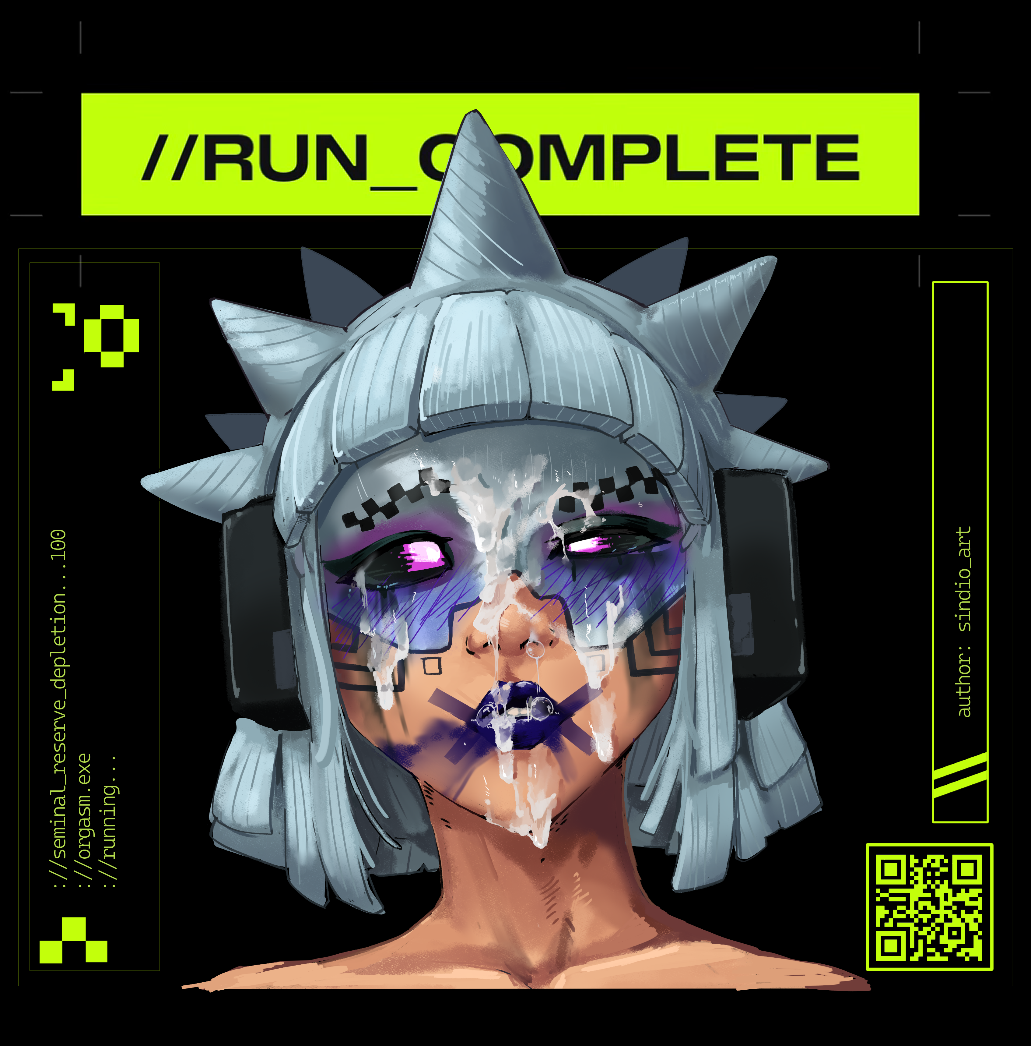 ahe gao, android, bob cut, cum, cum bubble, cum on face, glitch (marathon), lipstick, marathon, marathon (bungie), punk girl, running mascara, runny makeup, sindio, smeared lipstick, text, vandal, vandal (marathon), white hair