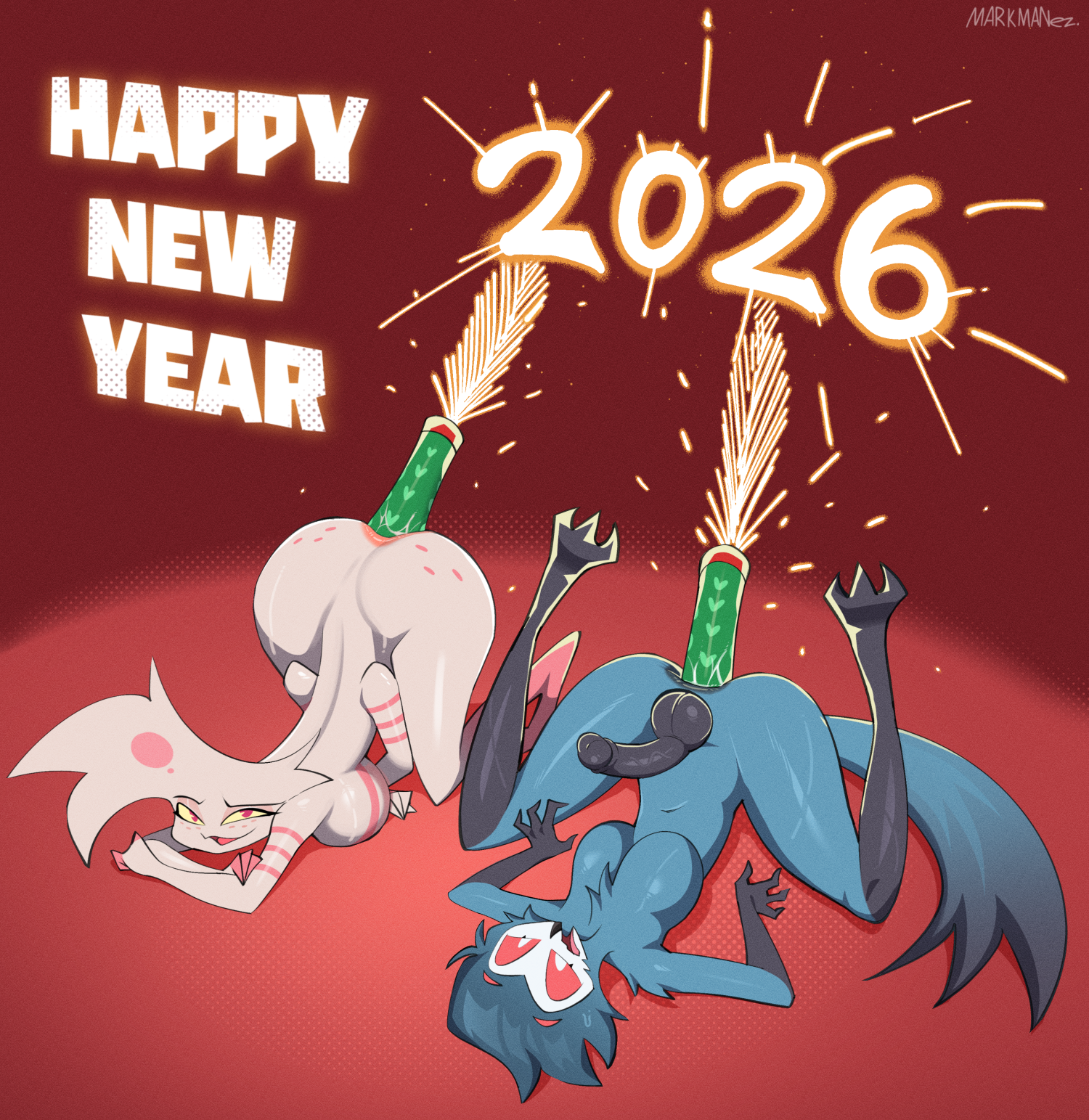 3 toes, 4 arms, angel dust, angel dust (hazbin hotel), animal humanoid, anthro, arachnid, arachnid humanoid, arthropod, arthropod humanoid, ass, ass up, avian, balls, bedroom eyes, big breasts, big butt, bird, breasts, busty boy (lore), crossdressing, crossdressing (mtf), crossdressing male, demon, duo, english text, featureless breasts, feet, femboy, femboy dilf, fireworks, gay, gay anal, gay male, gay sex, genitals, hazbin hotel, hellaverse, helluva boss, hi res, holiday message, holidays, homosexual, homosexual male, homosexual sex, humanoid, looking at viewer, lying, male, male only, male penetrated, male penetrating, male penetrating male, male/male, markmanez, multi arm, multi limb, narrowed eyes, new year, new year 2026, object in ass, on back, on front, owl, owl demon, penis, seductive, sparks, spider humanoid, spread legs, spreading, stolas (helluva boss), text, toes