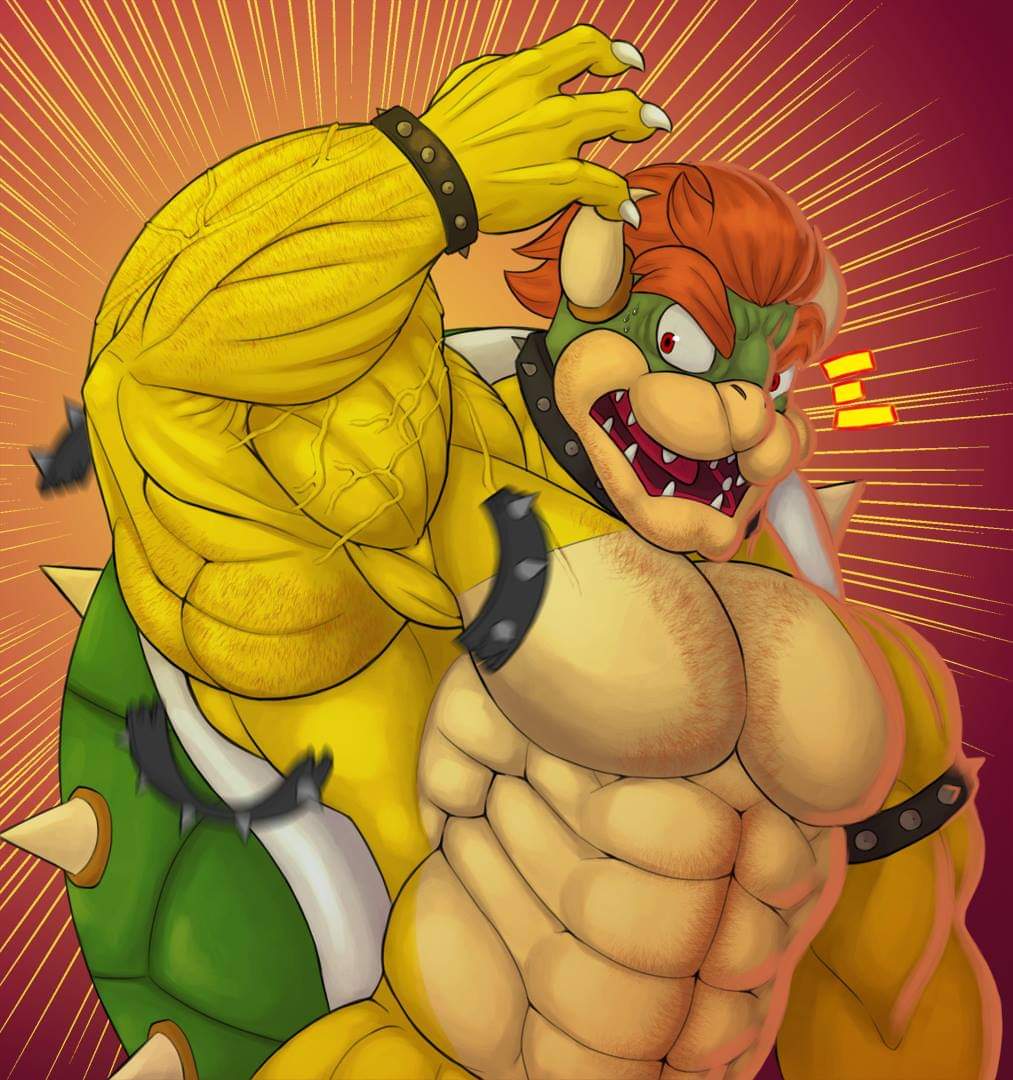 abs anthro arm_rings arms_up biceps body_hair bodybuilder bowser chest_hair claws hairy happy_trail horns koopa male_only mario_(series) muscle muscle_growth muscles muscular nintendo overpowering pecs red_eyes red_hair shell spikes surprised unknown_artist