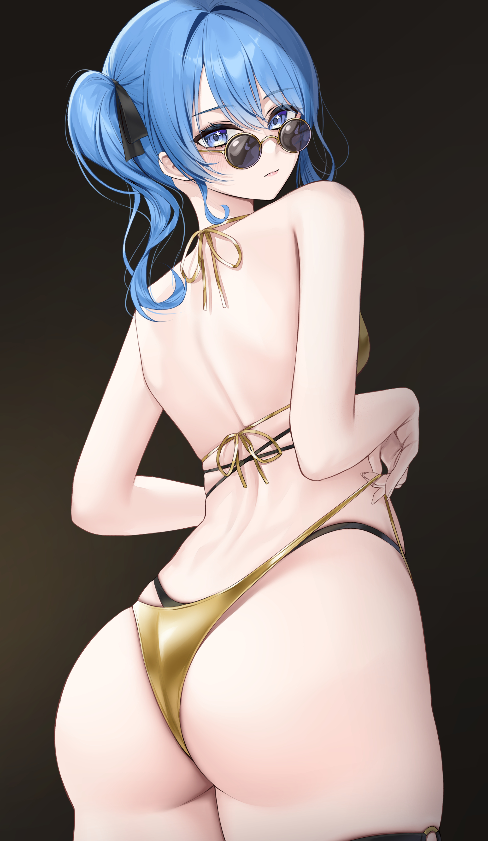 1girls, ass, back, bikini, blue hair, hololive, hololive gen 0, hololive japan, hoshimachi suisei, laimer, looking over eyewear, looking over sunglasses, slutty female, sunglasses, swimsuit, tinted eyewear, virtual youtuber