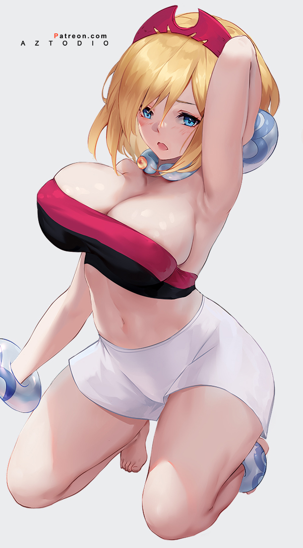 1girls, alternate breast size, armpits, azto dio, big breasts, blonde hair, blue eyes, breasts, clenched teeth, eye contact, female, female focus, hair ornament, huge breasts, irida (pokemon), looking at viewer, nintendo, nipple bulge, pokemon, pokemon legends: arceus, shorts, solo, thick thighs, thighs