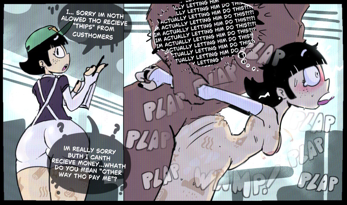 algob4v, armwear, armwear only, ass, bav, before sex, big dom small sub, black hair, blush, blushing female, bon (bav), breasts, breasts out, confused, confused look, confusion, diner, from behind, from behind position, grabbing arms, grabbing from behind, hat, human bon (bav), markings, markings on body, naked, naked female, naked female naked male, naked male, naked male naked female, nude, nude female, nude female nude male, nude male, nude male nude female, original, original character, restaurant, restaurant sex, size difference, text, tongue, tongue out, undressed, undressed by others, waiter