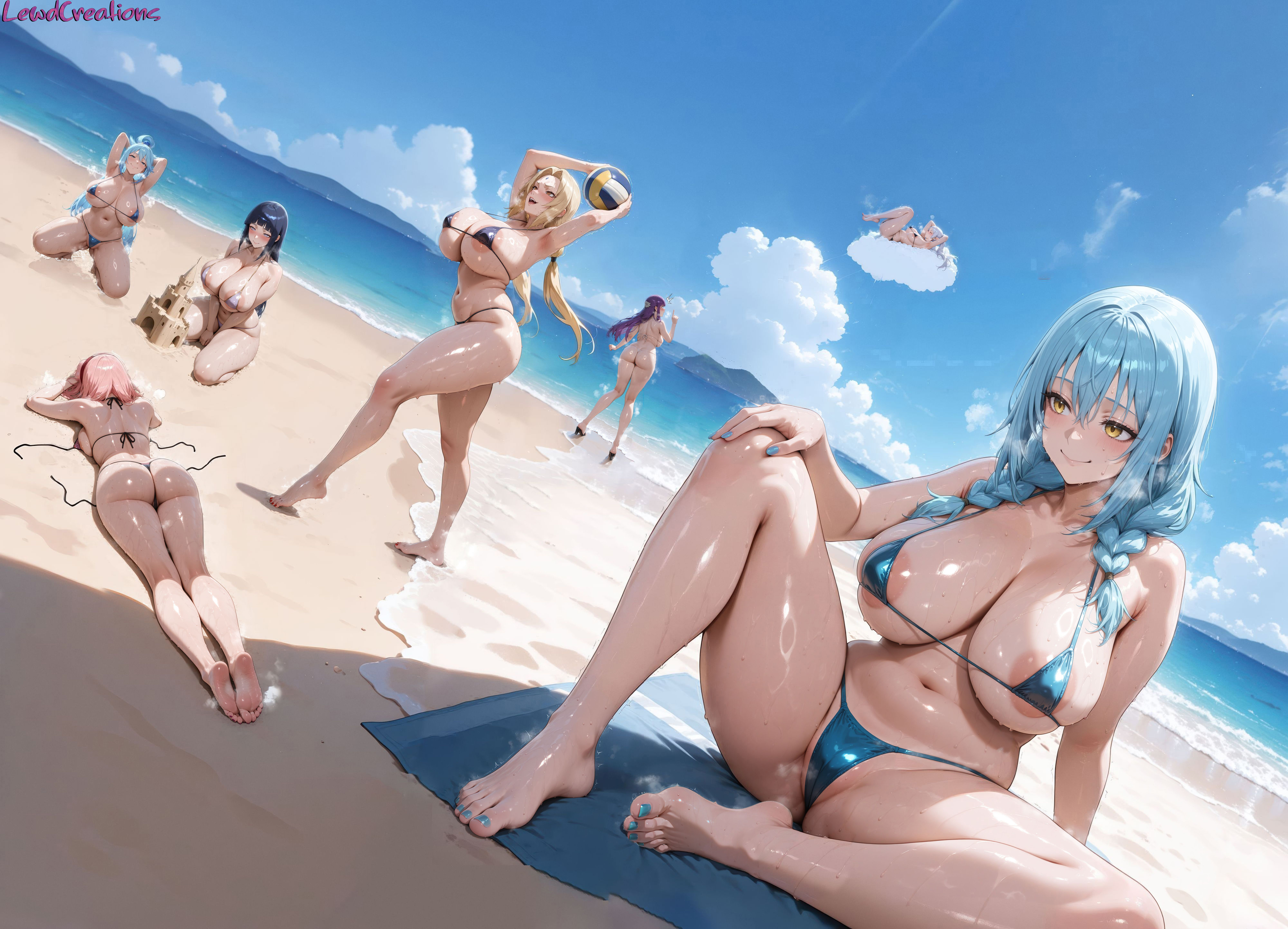 7girls, absurd res, ai generated, aqua (konosuba), areola slip, areolae, armpit fetish, armpits, ass, barefoot, beach, big breasts, bikini, blush, blush lines, blushing, boruto: naruto next generations, breasts, breasts bigger than head, curvy, curvy figure, feet, female, fern (sousou no frieren), flying, foot fetish, frieren, frieren beyond journey's end, haruno sakura, high resolution, highres, hyuuga hinata, kono subarashii sekai ni shukufuku wo!, lewdcreationsai, mature female, multiple girls, naruto, naruto (classic), naruto (series), naruto shippuden, naruto: the last, on cloud, outdoors, rimuru tempest, sakura haruno, sand, sandcastle, sea, sexually suggestive, stable diffusion, steam, steaming body, steamy breath, string bikini, sunbathing, sweat, sweatdrop, sweating, sweaty, that time i got reincarnated as a slime, thick, thick legs, thick thighs, thighs, toes, tsunade, volleyball