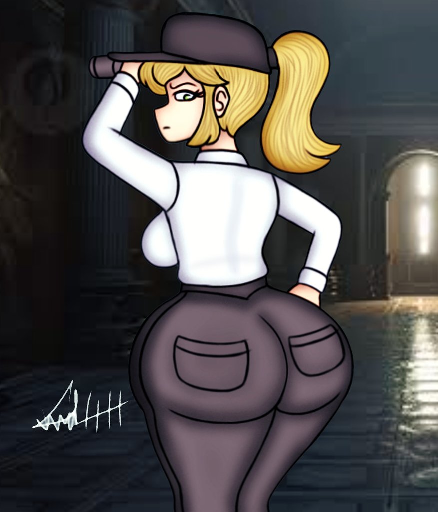 2023 angelindieart14 ass back_view background big_ass black_cap black_pants blonde_hair cap curvy curvy_female curvy_figure dress_shirt female female_only five_nights_at_freddy's five_nights_at_freddy's:_security_breach green_eyes lantern signature tied_hair vanessa_(fnaf) white_dress_shirt white_skin