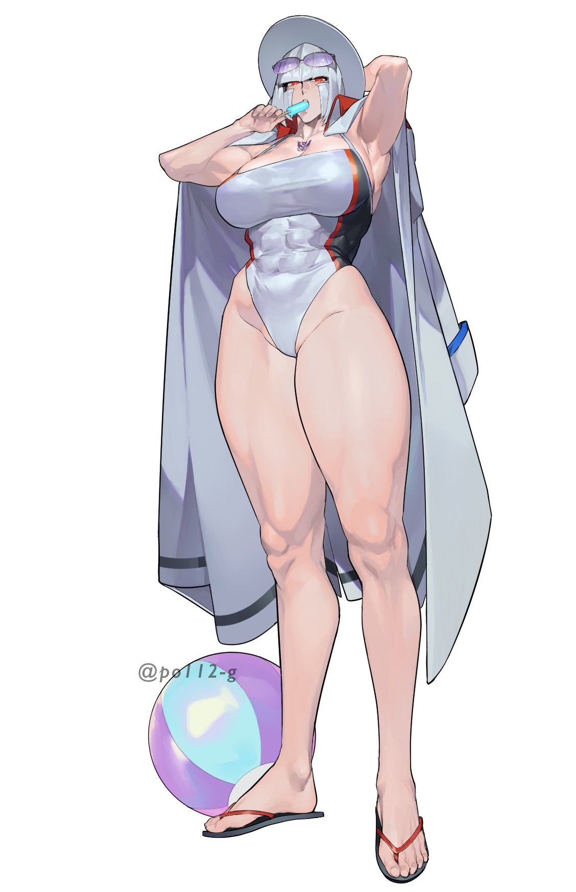 abs, athletic, athletic female, big boobs, big breasts, big tits, boobs, breasts, female, female focus, female only, genderbend, genderbent, genderswap, genderswap (mtf), hat, hips, jacket, jacket on shoulders, megatron, megatron (kotobukiya bishoujo), muscular, muscular female, muscular thighs, po112 g, rule 63, sandals, short hair, solo, swimsuit, thick hips, thick thighs, thighs, tits, transformers, transformers one, wide hips