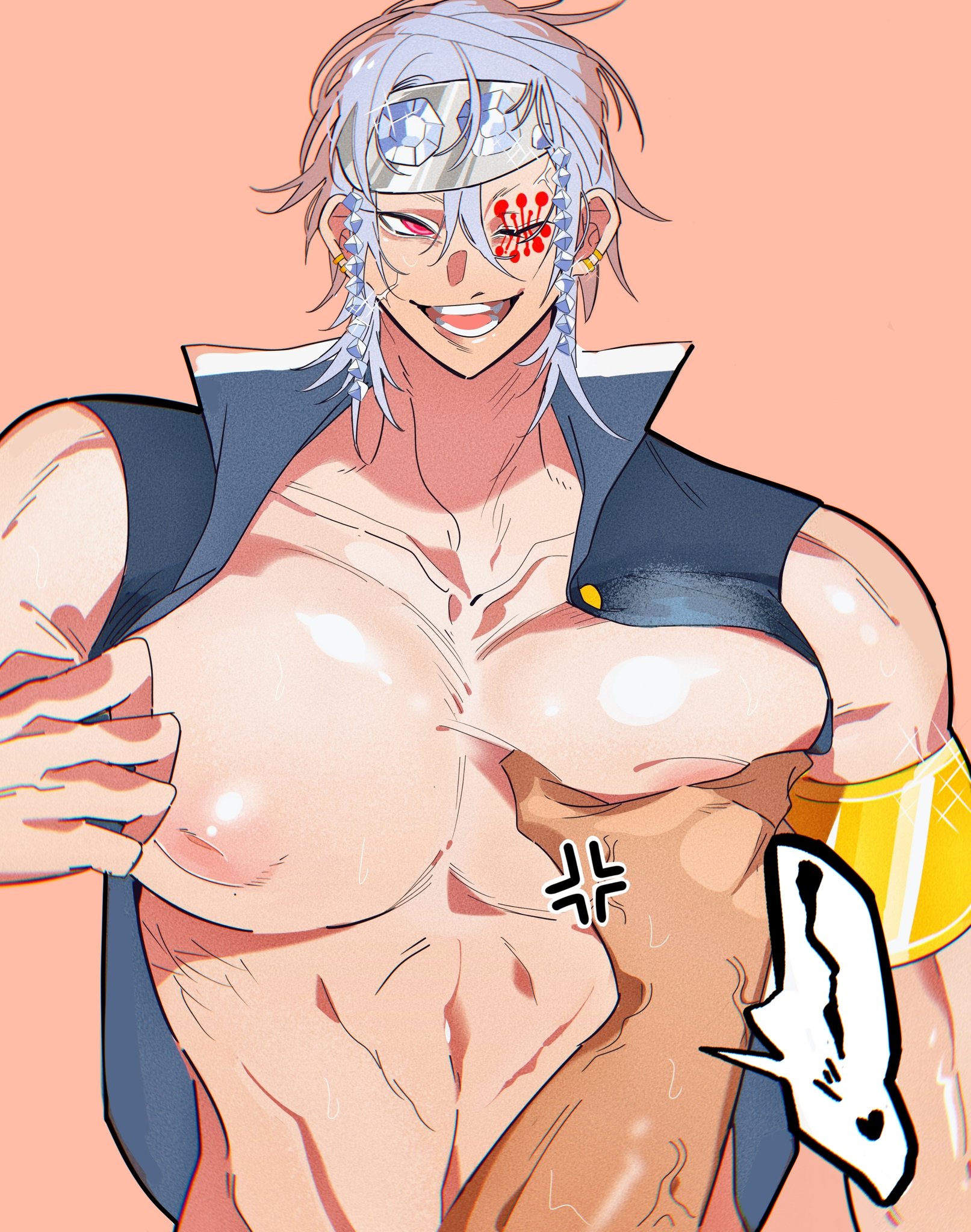 2boys, annoyed, armband, armlet, bara, big pecs, demon slayer, exoxoak, facial mark, gay, gold (metal), groping, headband, headgear, headwear, inverted nipples, jewelry, kimetsu no yaiba, looking away, male, male only, messy hair, muscular, muscular male, open shirt, pec grab, pec grasp, pec squeeze, silver hair, sleeveless, smile, solo focus, sweat, upper body, uzui tengen, veins, wink, yaoi