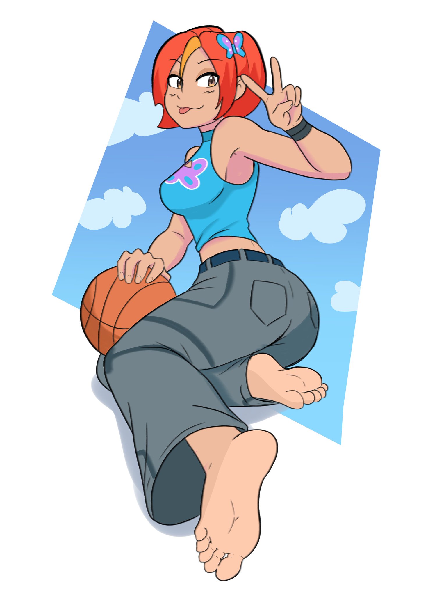 1girls, absurdres, ass, babe, barefoot, basketball (ball), brown eyes, butt, butterfly (planetronika), cute female feet, dyed hair, feet, female focus, female only, foot fetish, foot focus, foot play, foot worship, hair ornament, highres, indie animation, looking at viewer, peace sign, planetronika, presenting feet, red hair, short hair, showing feet, soles, soles fetish, solo female, taterdouce, toes, tomboy, tounge out, two-tone hair, white background, winking at viewer