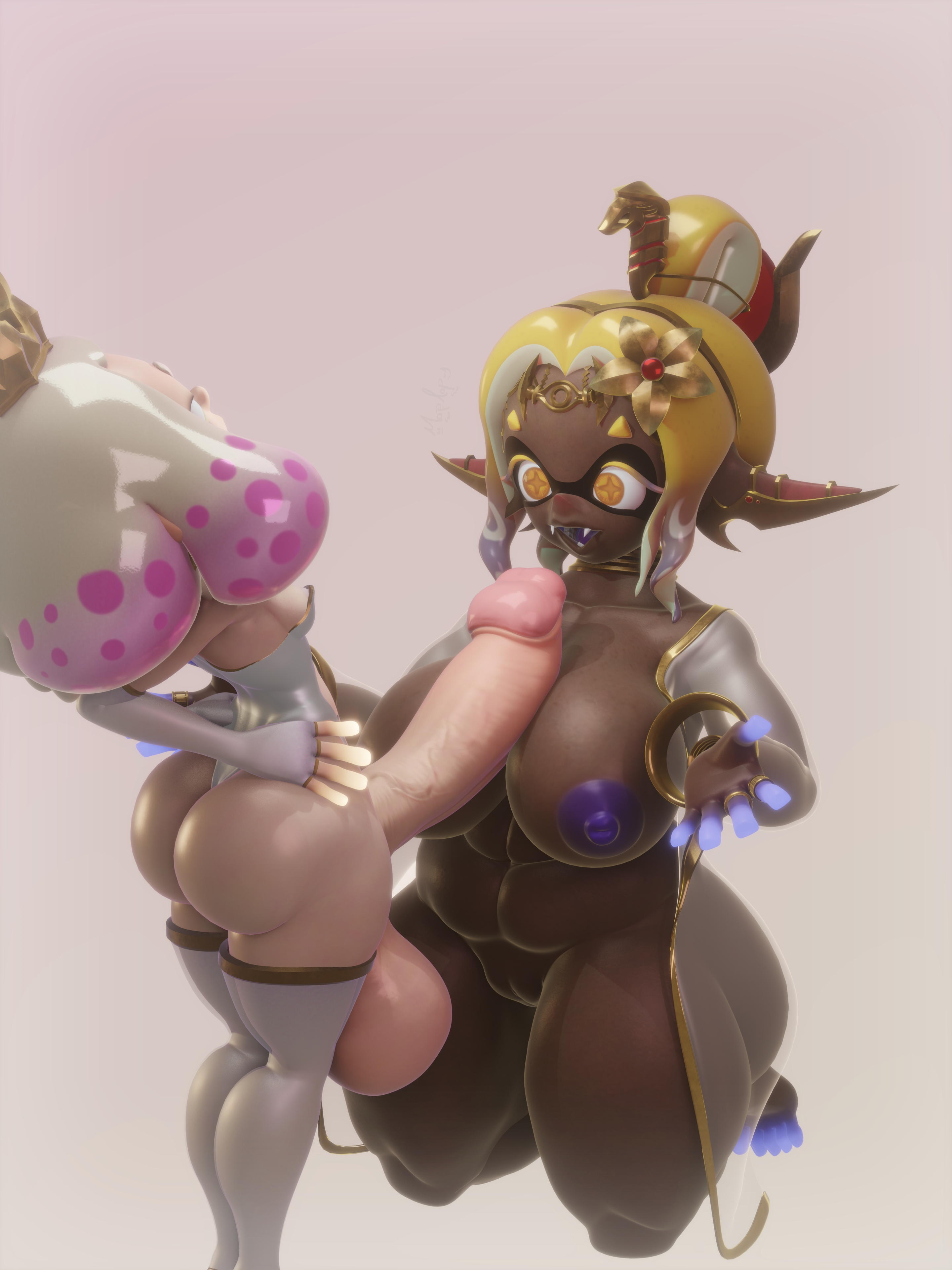 1futa, 1girl, 3d, big ass, big breasts, blender, bubble butt, ebony female, frye (splatoon), futa on female, futanari, huge areolae, huge ass, huge balls, huge breasts, huge butt, huge cock, huge nipples, huge penis, huge testicles, huge thighs, mopflop, pearl (splatoon), shortstack, size difference, splatoon, splatoon (series), splatoon 2, splatoon 3, tagme, tentacle hair, wip