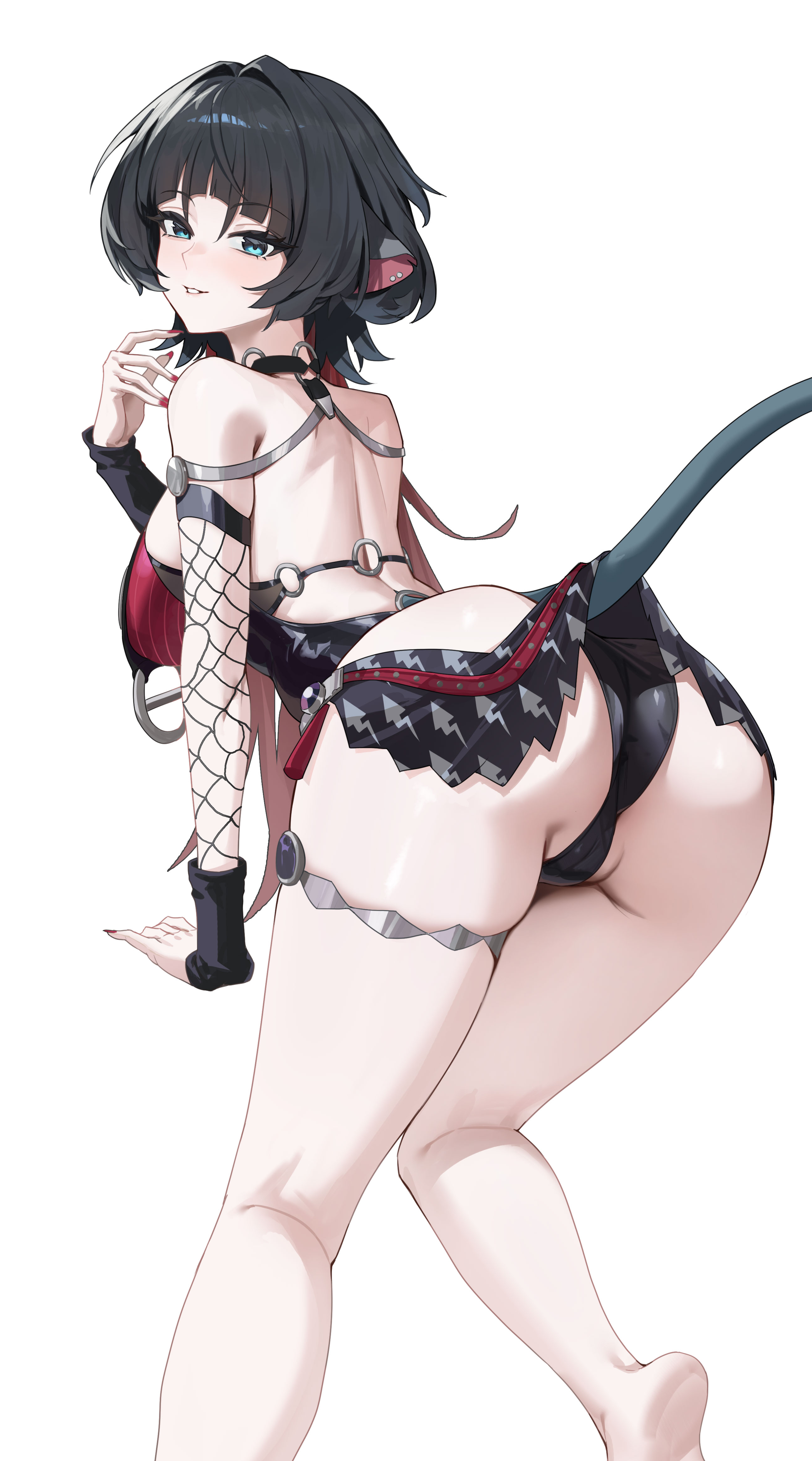 1girls, animal ears, armwear, backboob, big ass, black hair, black swimsuit, breasts, ear piercing, earrings, female, female only, fishnet, fishnet armwear, fishnets, green eyes, hair, huge ass, jane doe (nocturne of light) (zenless zone zero), jane doe (zenless zone zero), looking back, nail polish, nails, official alternate costume, rat ears, rat girl, rat tail, solo, solo female, swimsuit, swimwear, thigh strap, thighs, white background, zenless zone zero, zhudouzi