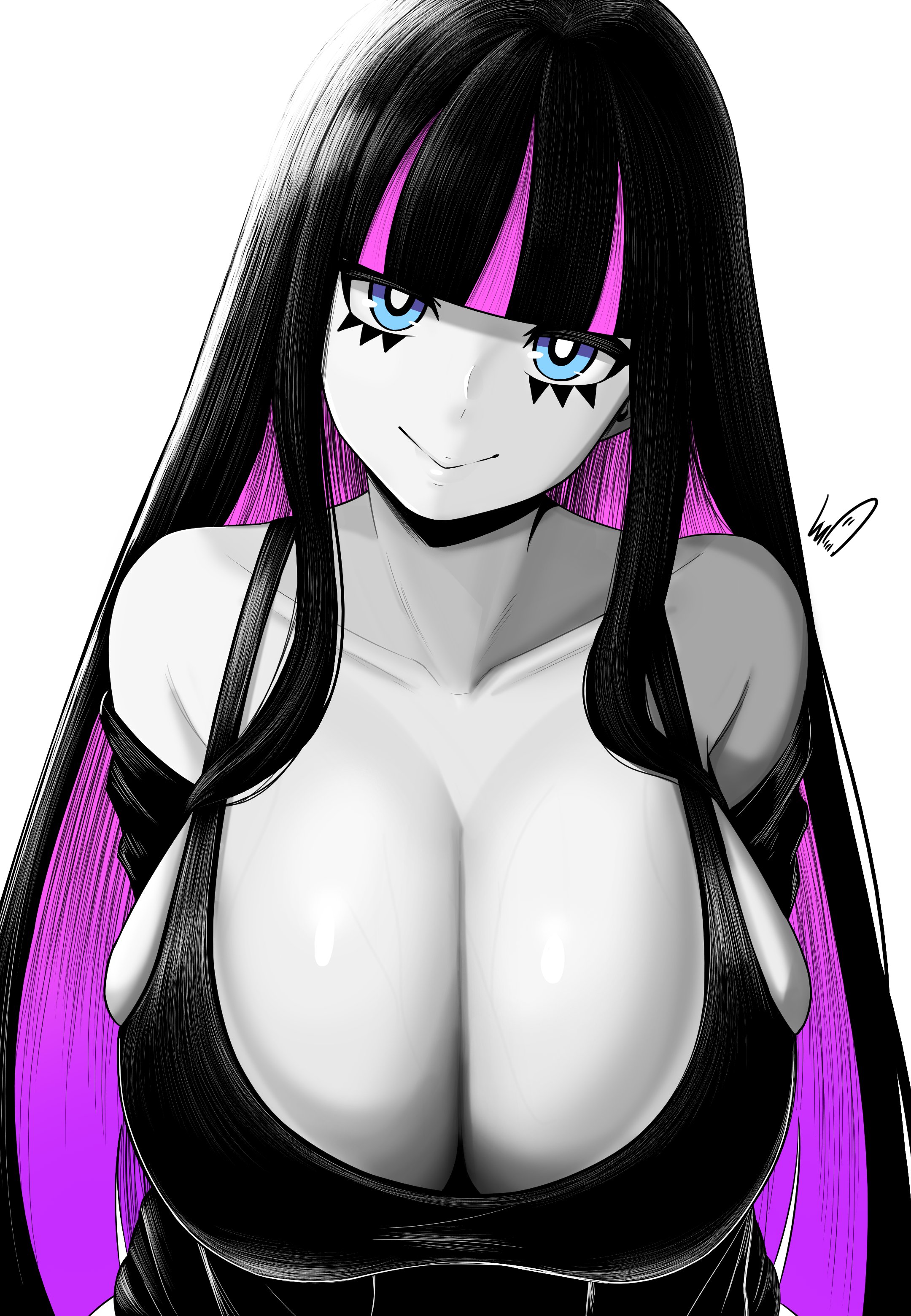 1girls, big breasts, blue eyes, cleavage, hanging breasts, huge breasts, large breasts, looking at viewer, lughost, panty & stocking with garterbelt, stocking anarchy, veiny breasts