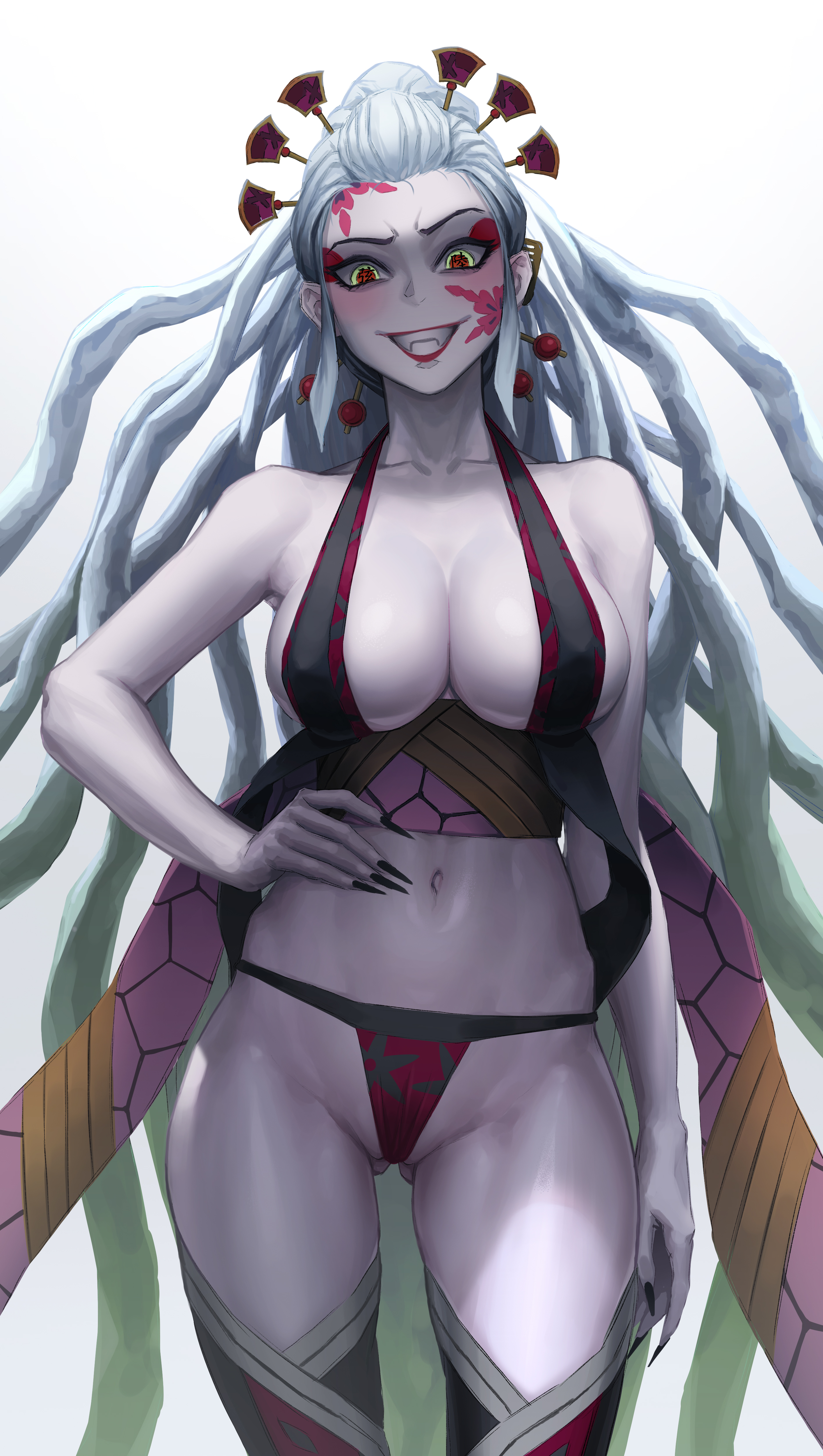 between labia, big breasts, black nails, blush, breasts, cleavage, daki (kimetsu no yaiba), damon (artist), demon, demon girl, demon slayer, eyeshadow, facial markings, fangs, female, female only, gradient hair, hair ornament, hand on hip, hi res, kimetsu no yaiba, light skin, light-skinned female, lingerie, long fingernails, long hair, looking at viewer, multicolored eyes, obi, pale skin, pale-skinned female, revealing clothes, sharp fingernails, smile, solo, thighhighs, two-tone hair, very high resolution, very long hair, white hair, wide hips